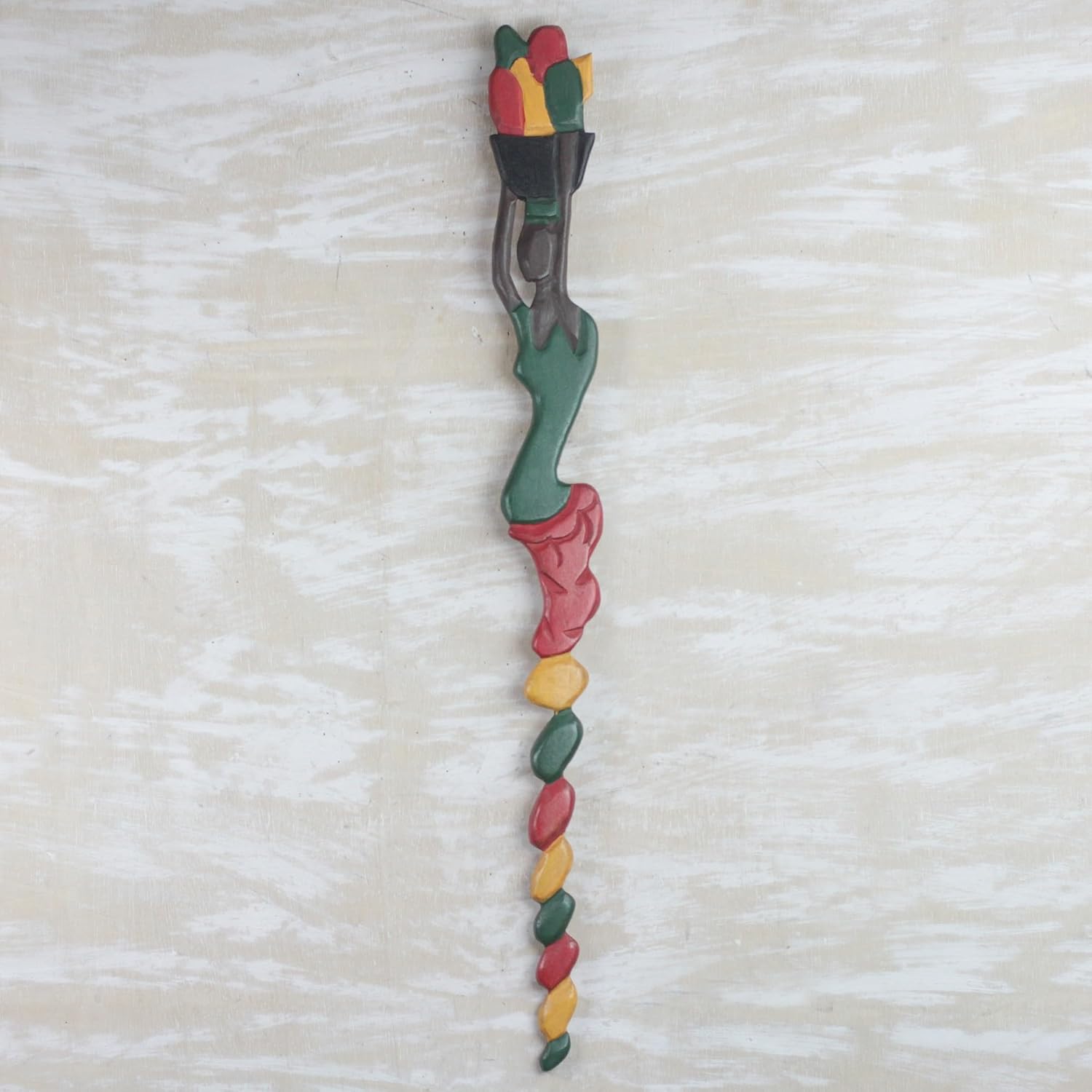 NOVICA Artisan Handmade Wood Wall Sculpture of Potter from Ghana Multicolor Decor Art People Portraits [28.5in H x 2.8in W x 0.6in D] ' Potter' S Pride'