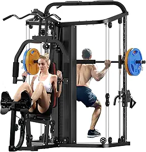 SunHome Multifunction Home Gym System Workout Station,Smith Machine with 138LB Weight Stack, Leg Press, LAT Station for Full Body Training