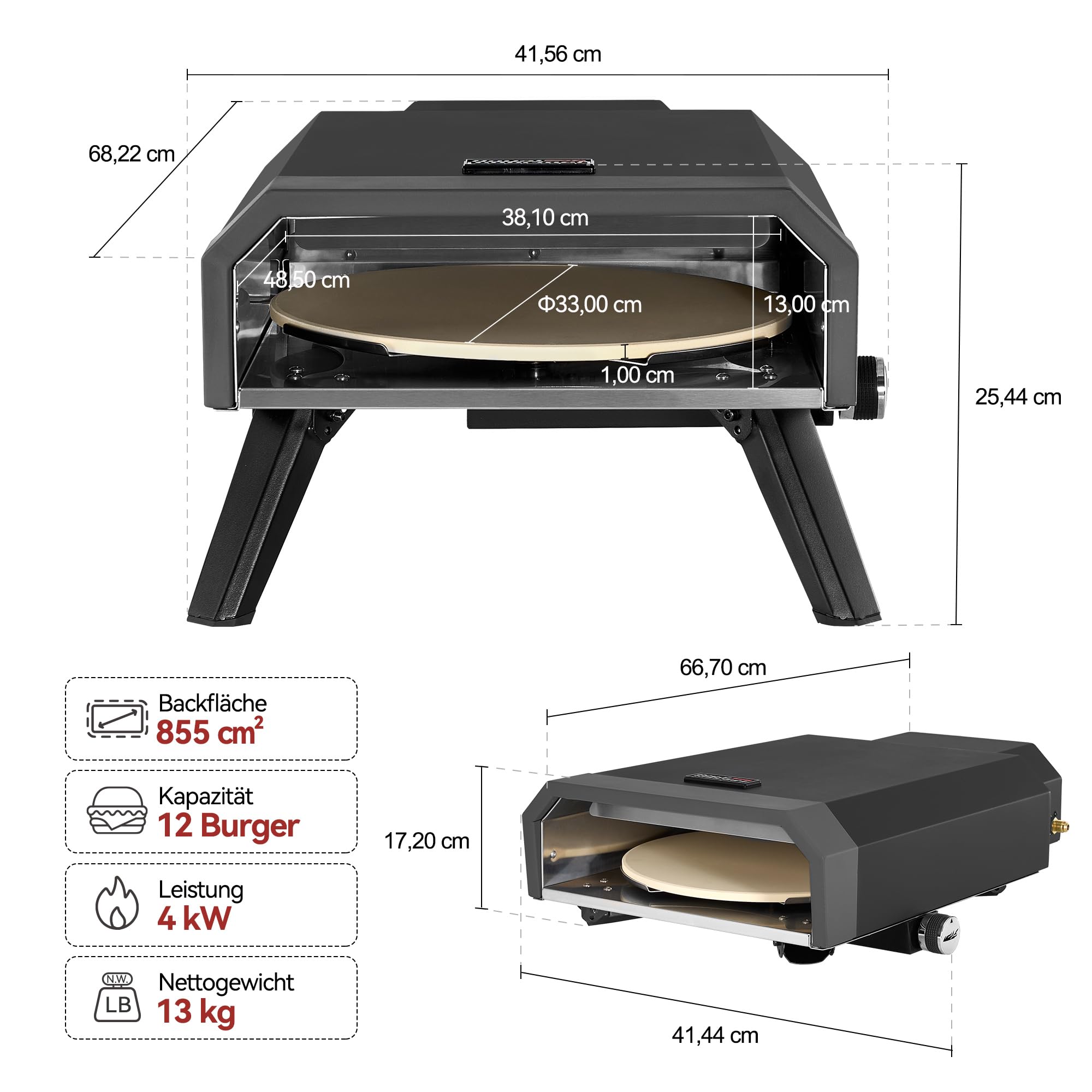 Royal Gourmet Horno compacto para pizza de gas, incluye piedra para pizza, 4 kW, horno de gas con manguera de gas y regulador de horno con patas plegables para camping al aire libre
