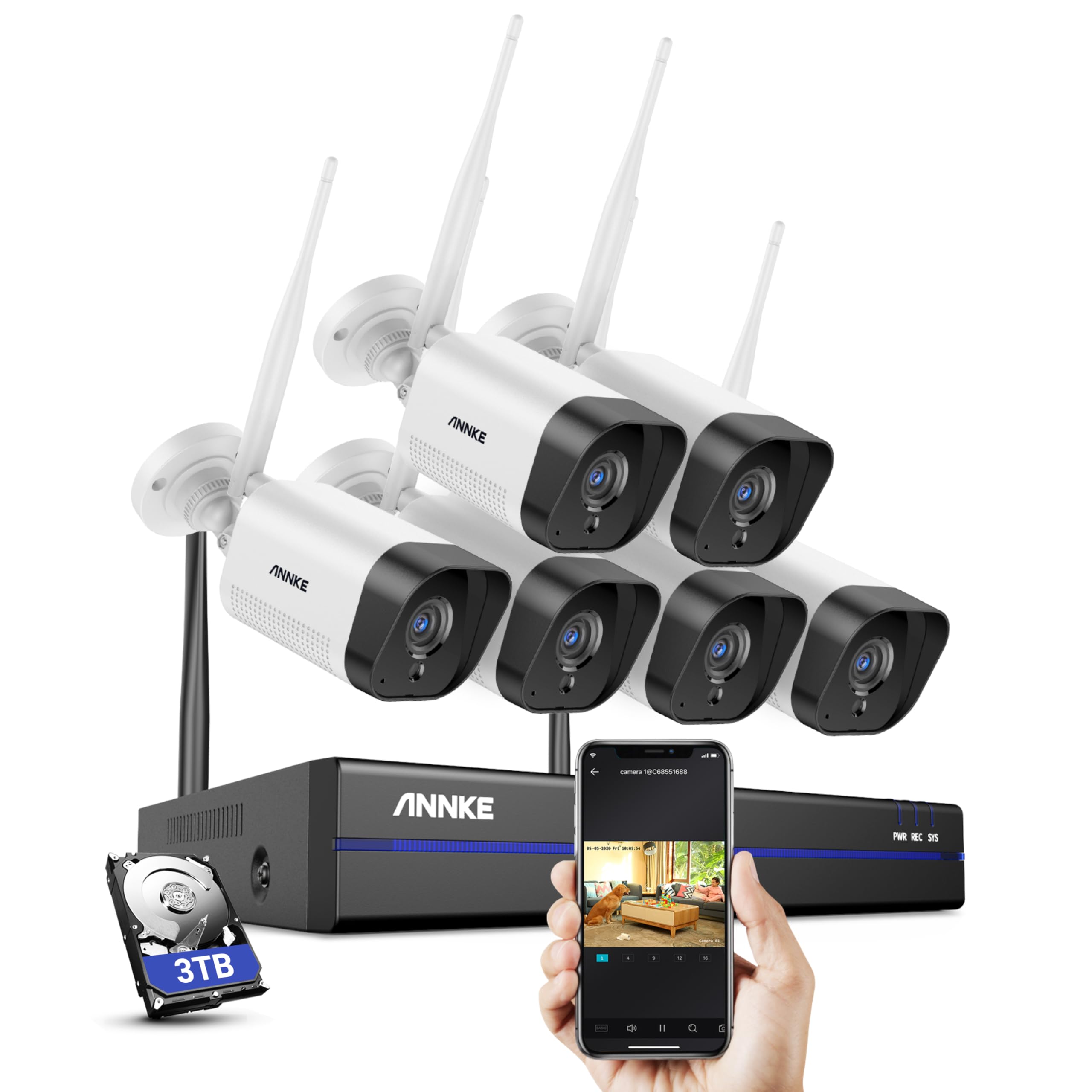 ANNKE Kit Videosorveglianza WiFi 3MP, 10CH NVR 5MP e 6 Telecamere Wireless, Supporta Visione Notturna IR, Audio a 2 Vie, Rilevamento di Persone/Veicoli,Compatibile con Alexa,disco rigido da 3TB