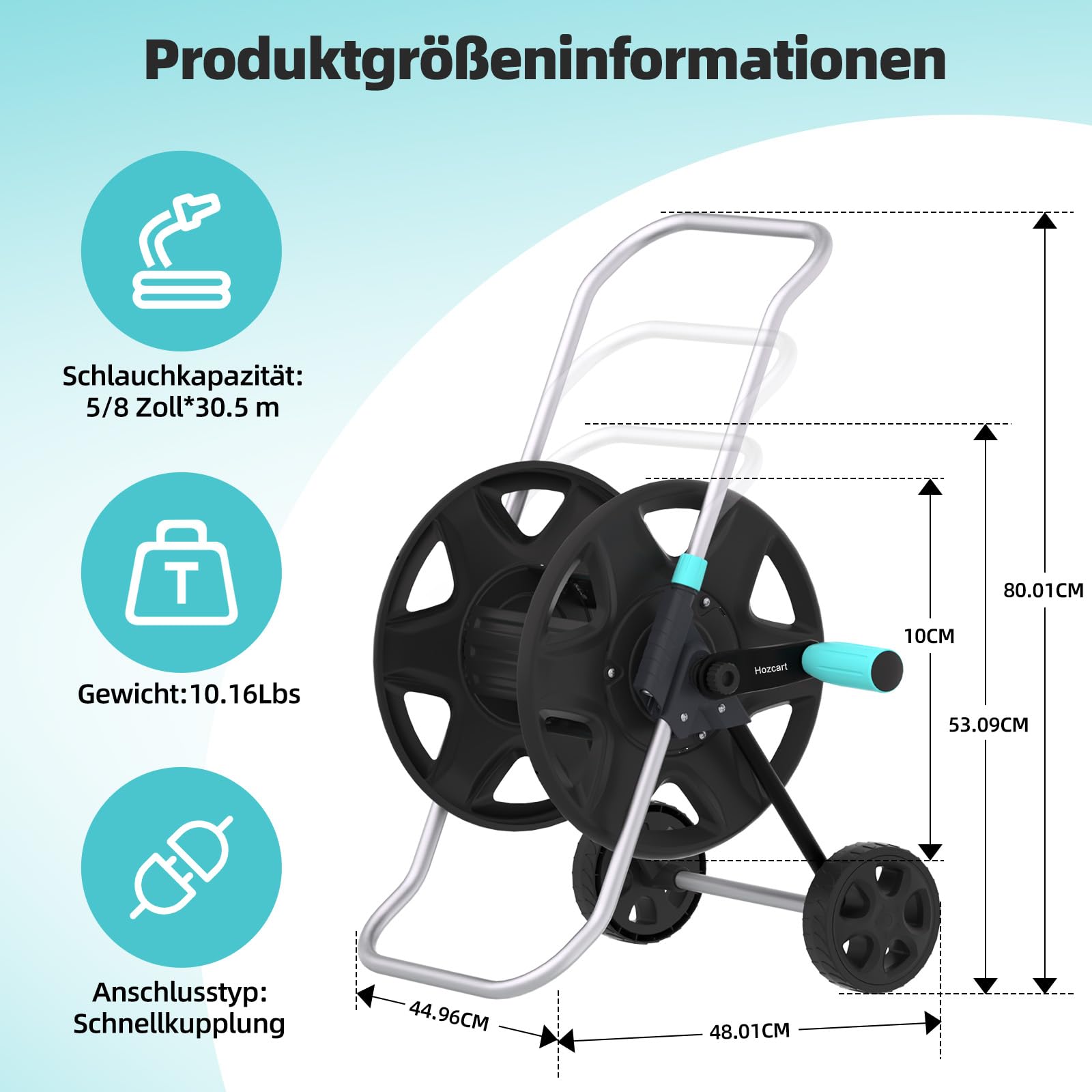 Schlauchwagen, Metall Schwerlastschlauchwagen mit Rädern, tragbarer Schlauchwagen für 30–60 m Schlauch, Schlauchaufroller für Außenbereich,Gärten oder Rasenflächen,Hinterhöfe