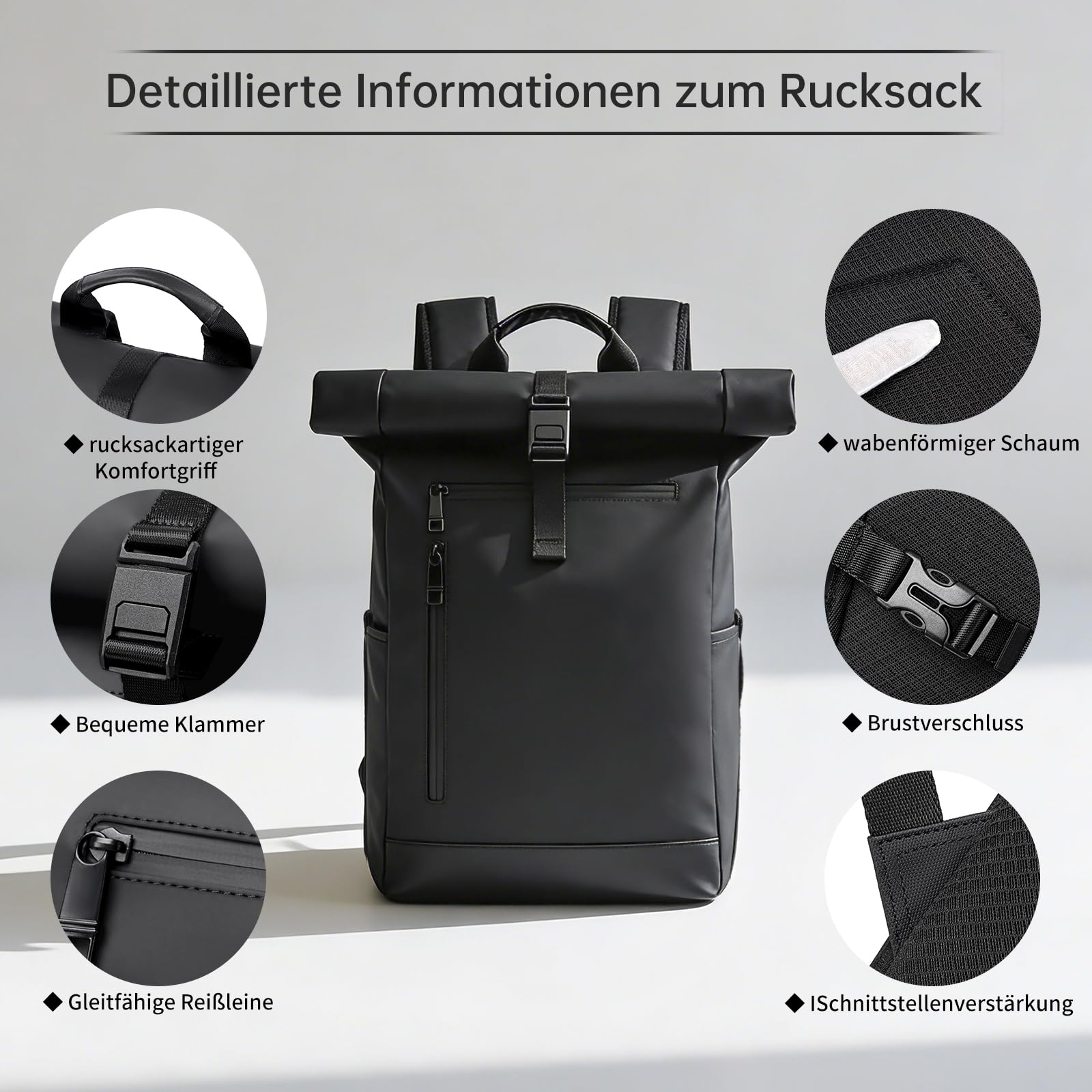 Rolltop Rucksack Herren, Wasserdicht Business Laptop Rucksack 16 Zoll | YKK Reißverschluss, Separates Laptopfach, Handgepäck, Für Damen & Reisen
