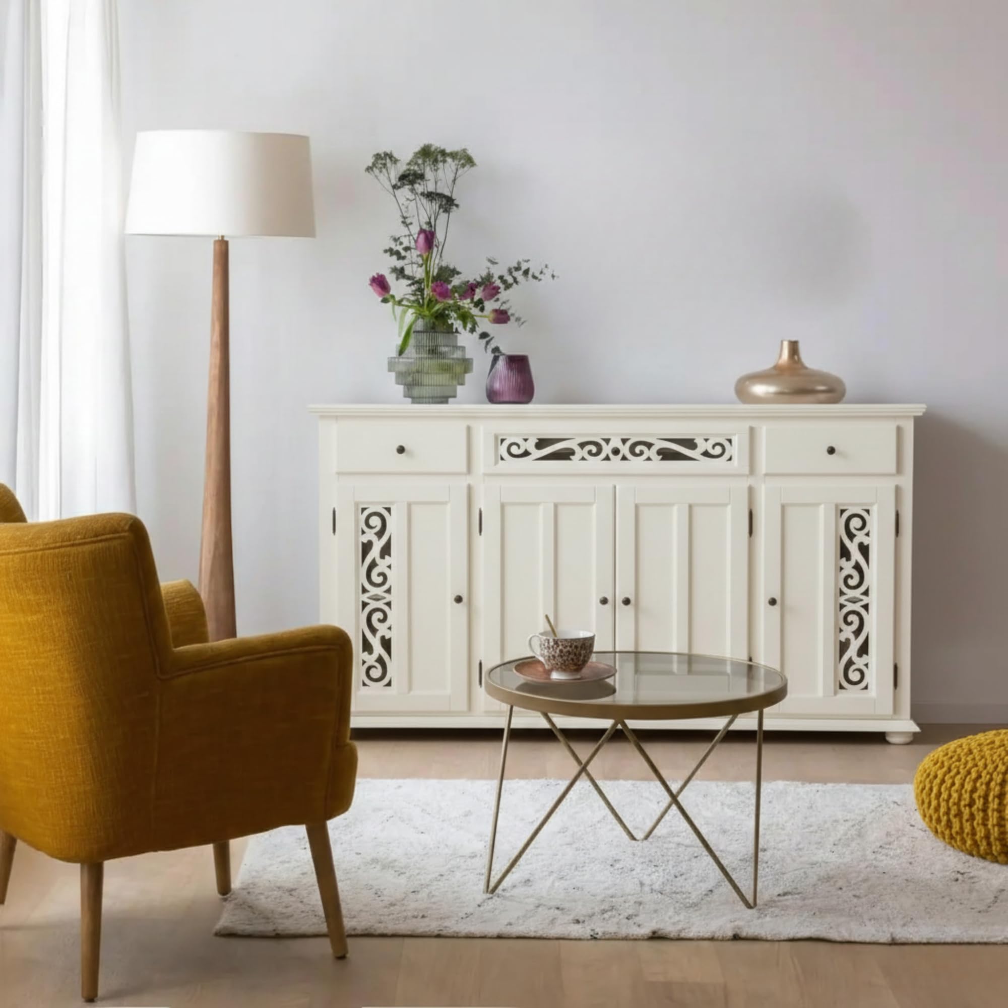 APRODZ Mango Wood Sideboard Cabinet with Three Drawer for Living Room | Cabinet for Home - White Color-image-19