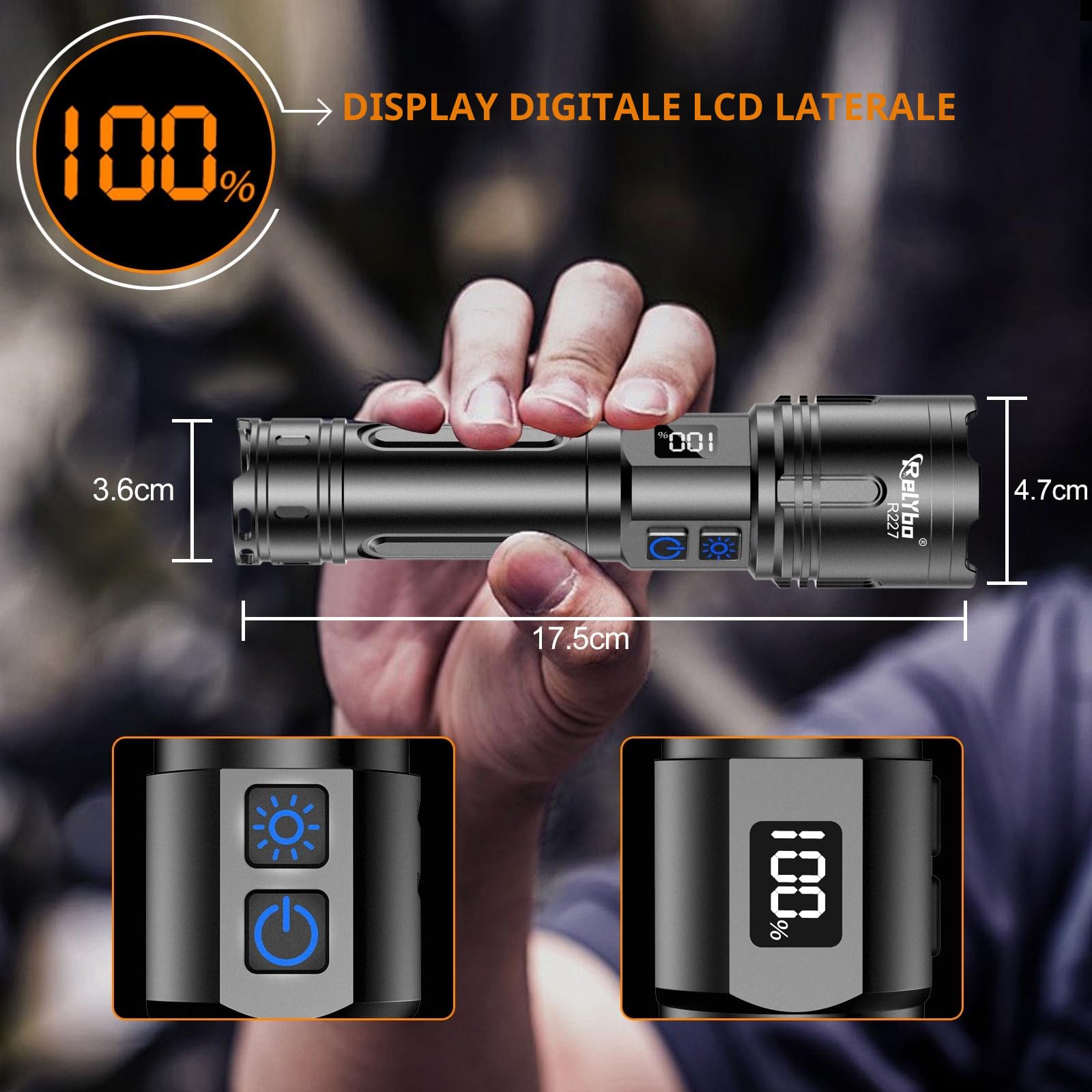 Relybo XHM90.2 Torcia LED 1,000,000 Lumens Ricaricabile USB C Dimmerabile Tattica