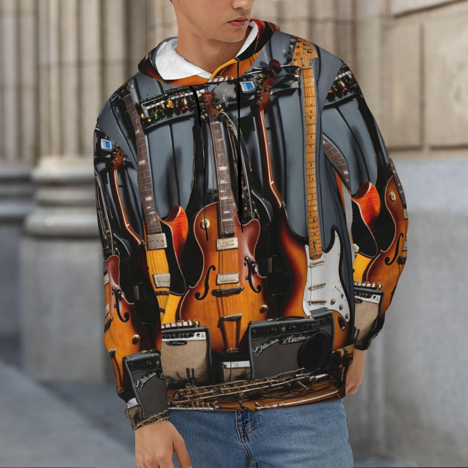 Męska bluza z kapturem z nadrukiem gitary elektrycznej, casualowa grafika z nadrukiem bluzy z kapturem z kieszenią
