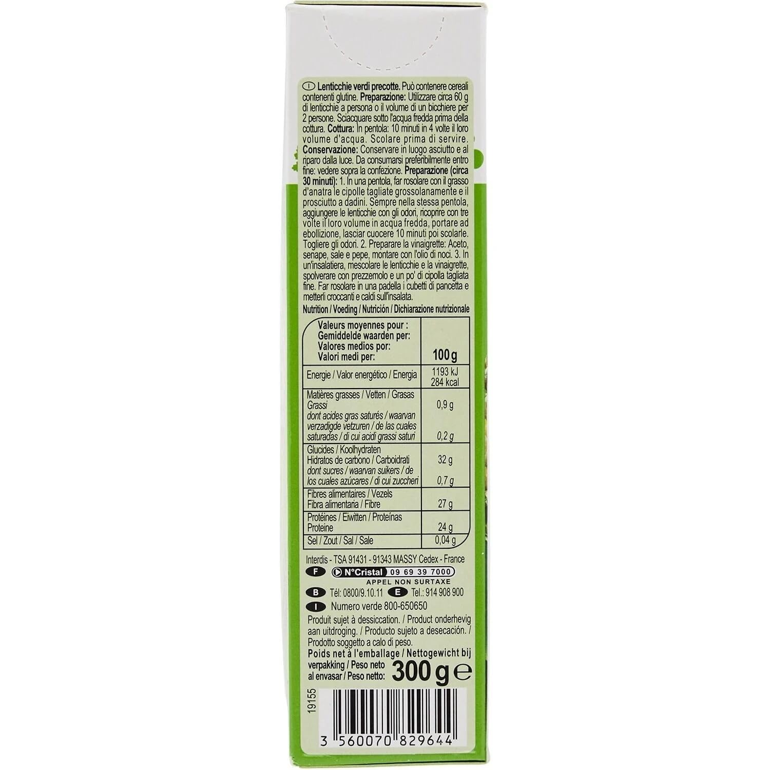 CARREFOUR CLASSIC' - Lentilles Vertes Précuites Riches en Fibres et en Protéines - la boite de 300g - Le Lot De 4
