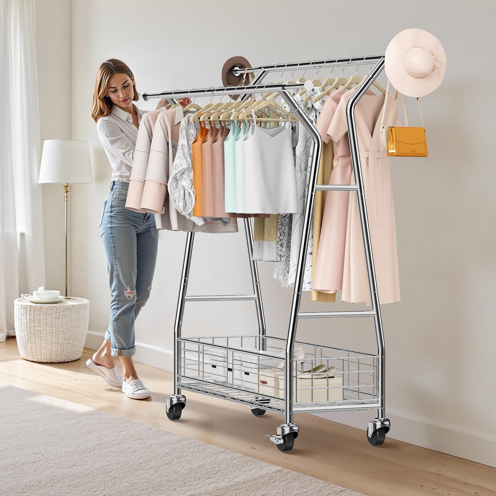 VEVOR Perchero Burro para Ropa 107-166 cm 2 Barras para Colgar y Cesta de Almacenamiento, Burro de Ropa con Ruedas, Carga de 150 kg, de Acero al Carbono, para Dormitorio, Lavandería, Sala de Estar
