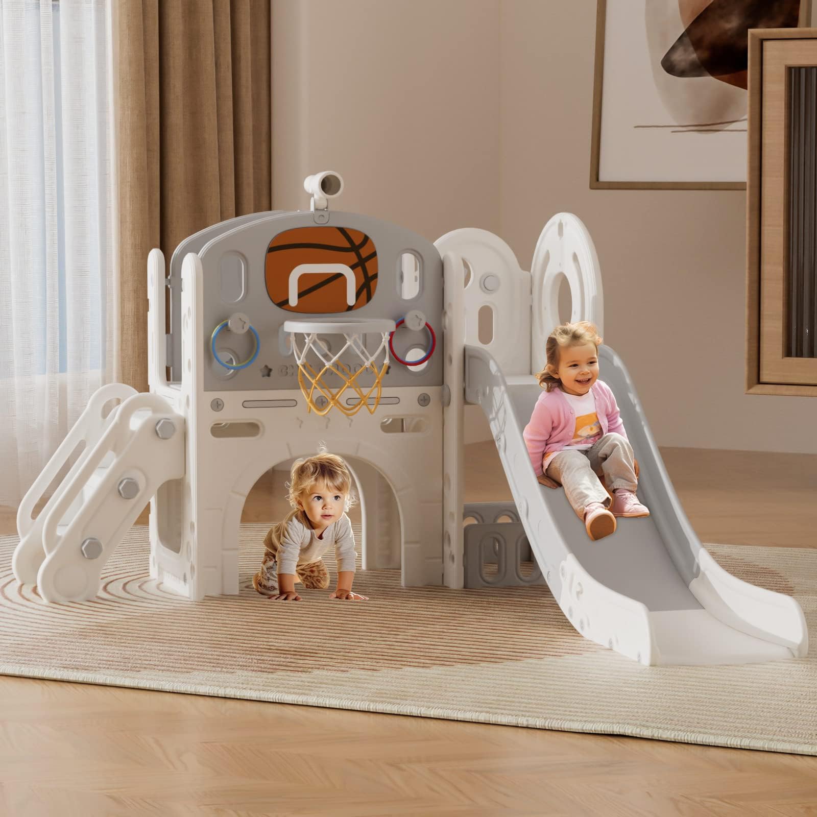 XJD Kids Slide with Basketball Hoop Toddler Climber Slide Playset with Storage Space and Telescope Playground Slipping Slide Indoor Outdoor Exercise Toy for Toddlers 1-3 years (Grey)