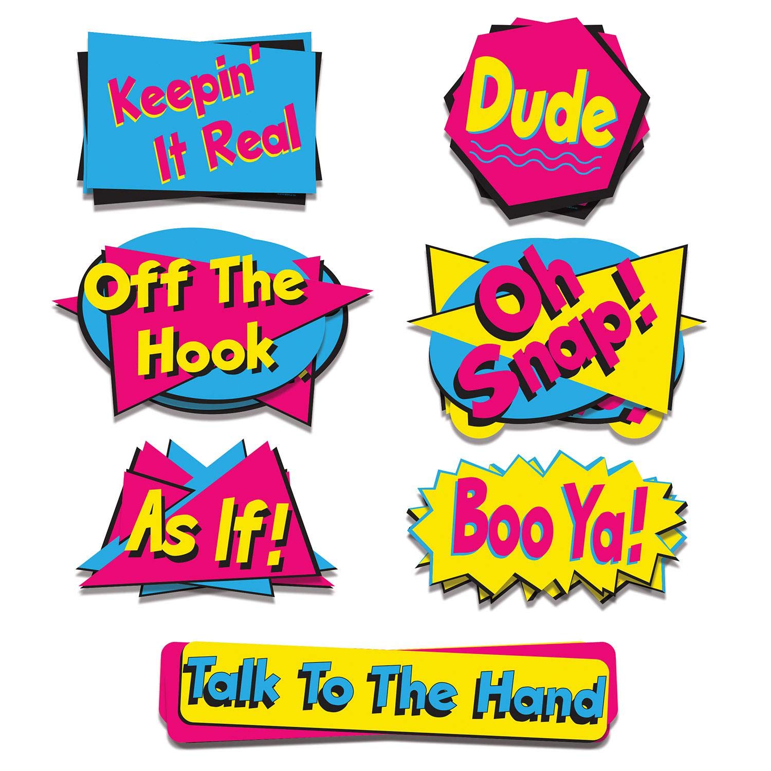 Beistle 53494 90's Frase Cutouts 14 Piezas decoración de Fiesta de Pared, Papel, Azul/Yeow/Cerise/Negro