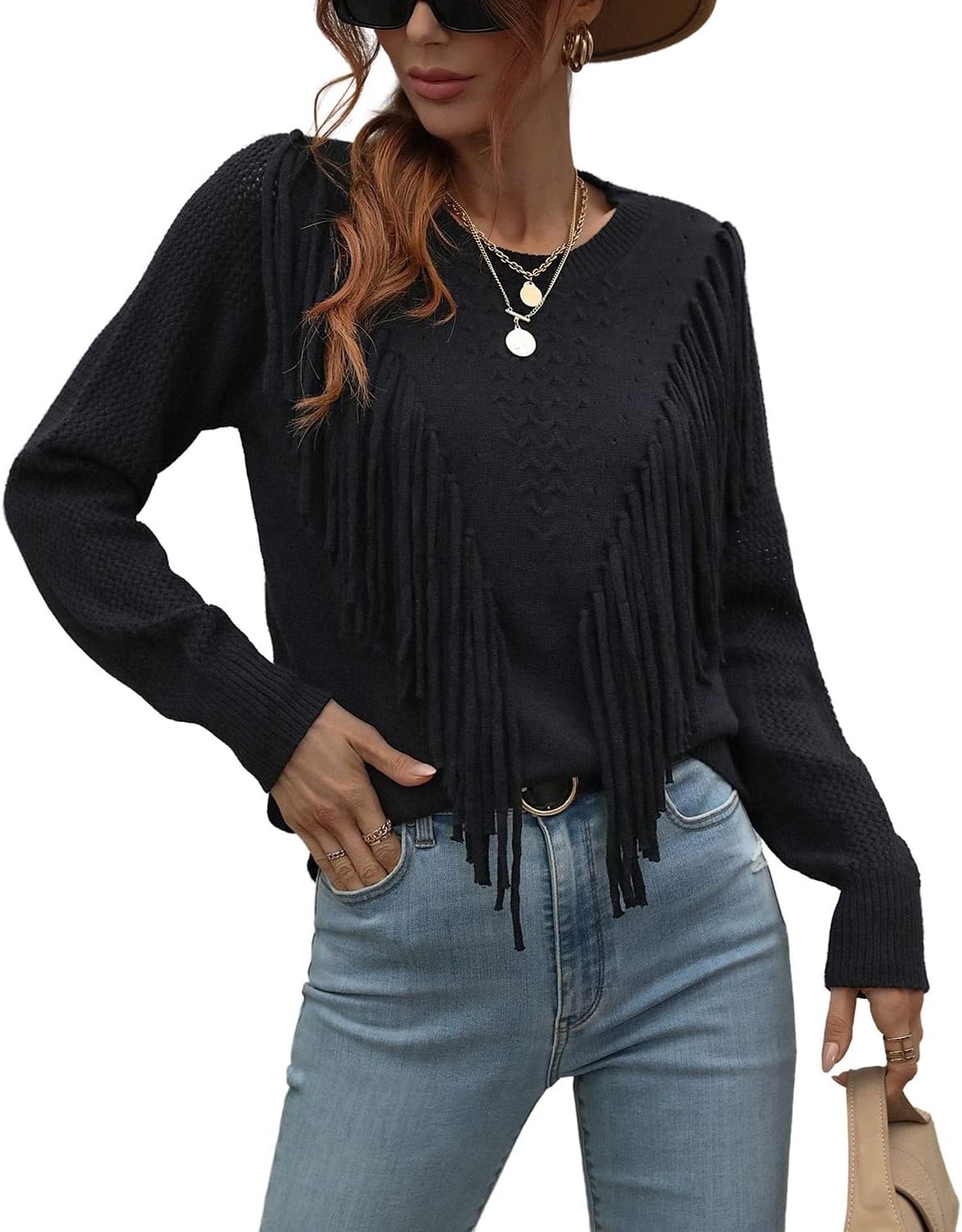 chouyatou Women's Casual Crewneck Fringe Tassel Knitted Pullover Sweater Jumper Tops - Image 2