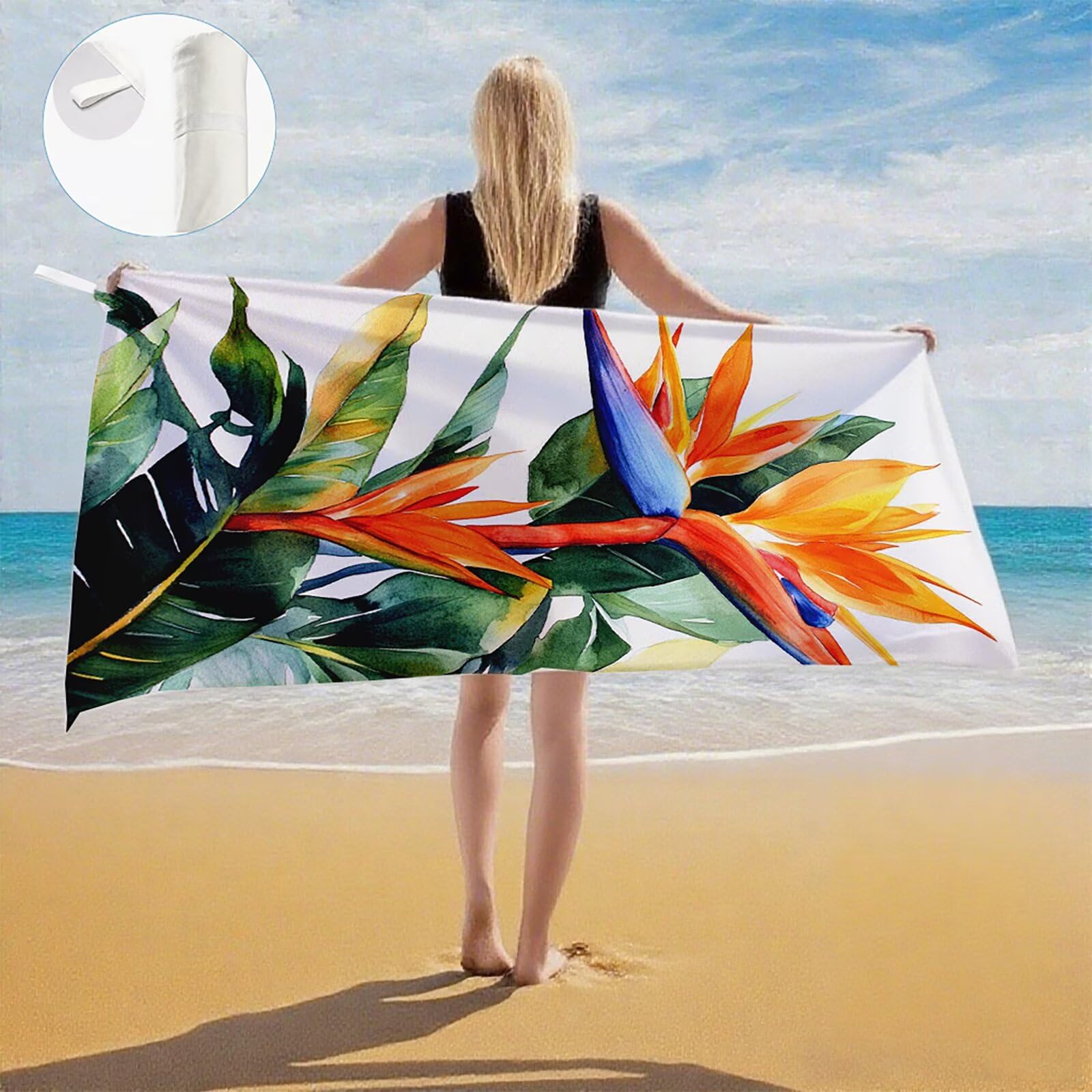 Serviette Plage Tropical Motif, Serviette de Plage XXL 90x180 cm avec Sac, Serviettes de Bain Microfibre Séchage Rapide Anti-Sable Absorbante Fonction pour Bain, Sport, Voyages, Sauna, Piscine Q-802
