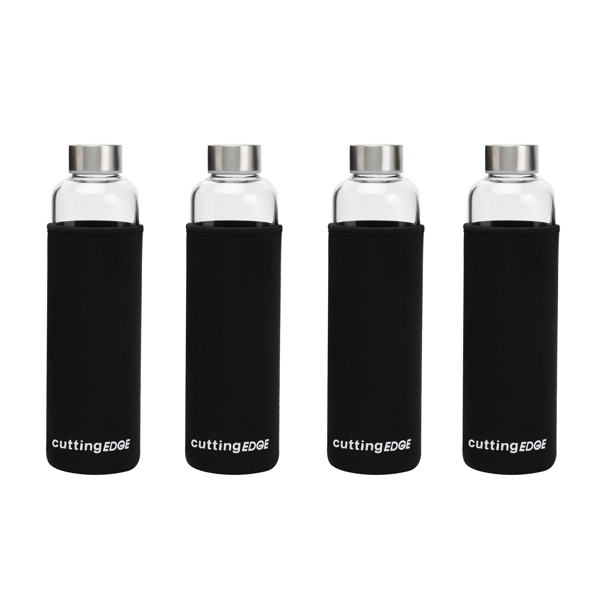 Cutting EDGE Borosilicate Round Glass Water Bottle with Black Portable Carrying Sleeve for School, Home, Office, Travel, Sport, Yoga, Gym, Hot, Cold Drinks - Transparent (1L - Set of 4) (B08HKD7727) Amazon Price History, Amazon Price Tracker