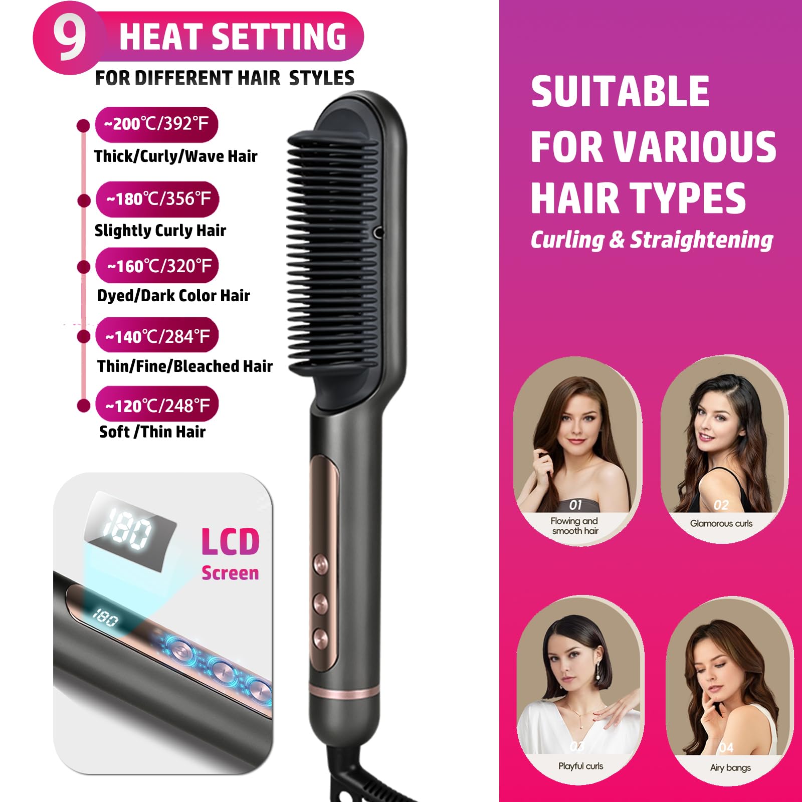 Negative Ionic Hair Straightener Brush-Upgrade Straightening Comb with Negative Ions,9 Temp Settings & LED Display,Anti-Scald - Image 2