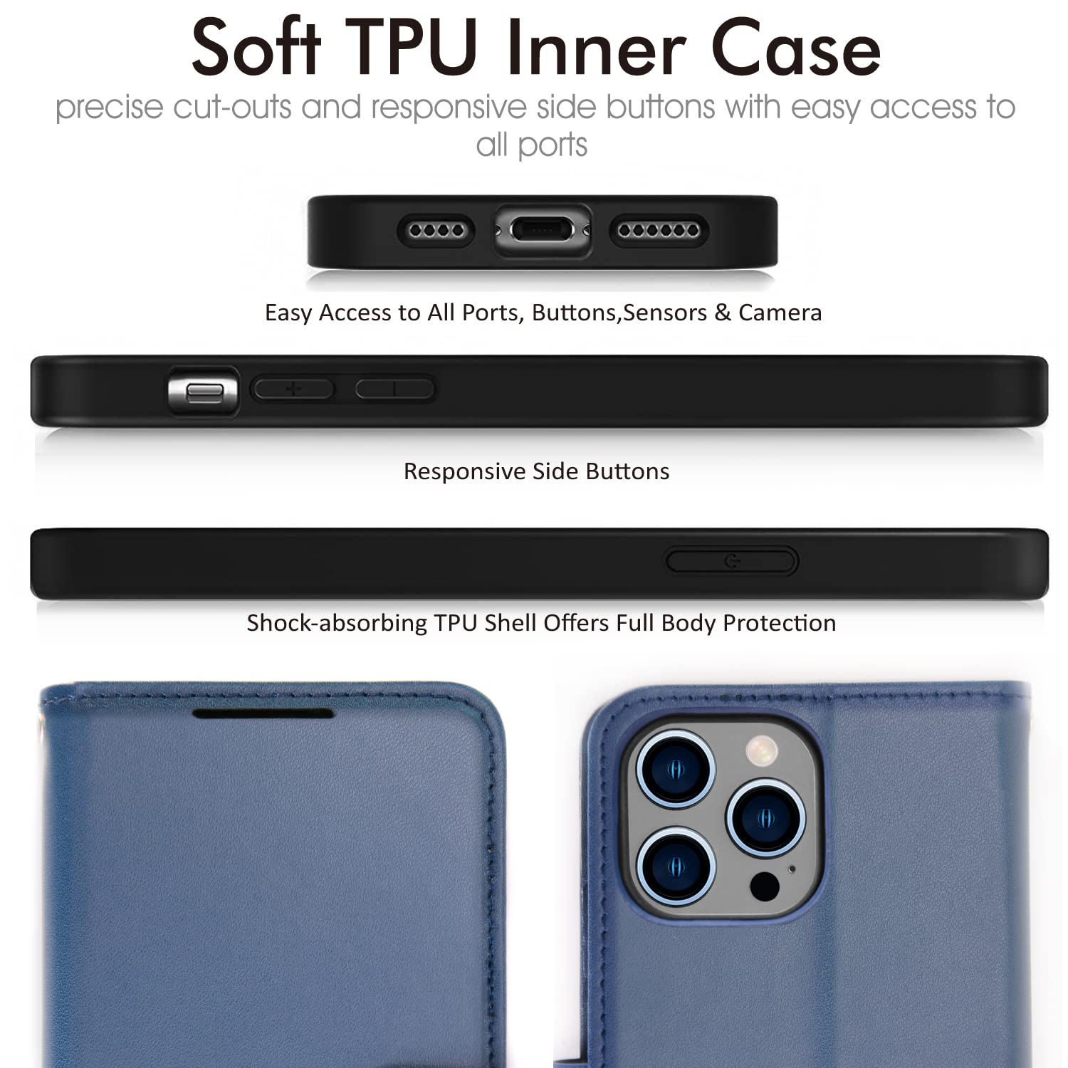 TECHGEAR Cover Portafoglio iPhone 14 Pro Custodia in Pelle Vera, [RFID Blocking] Funzione di Supporto con Slot per Schede e Cinturino da Polso per iPhone 14 Pro (6.1 Pollici, 2022) - Nero