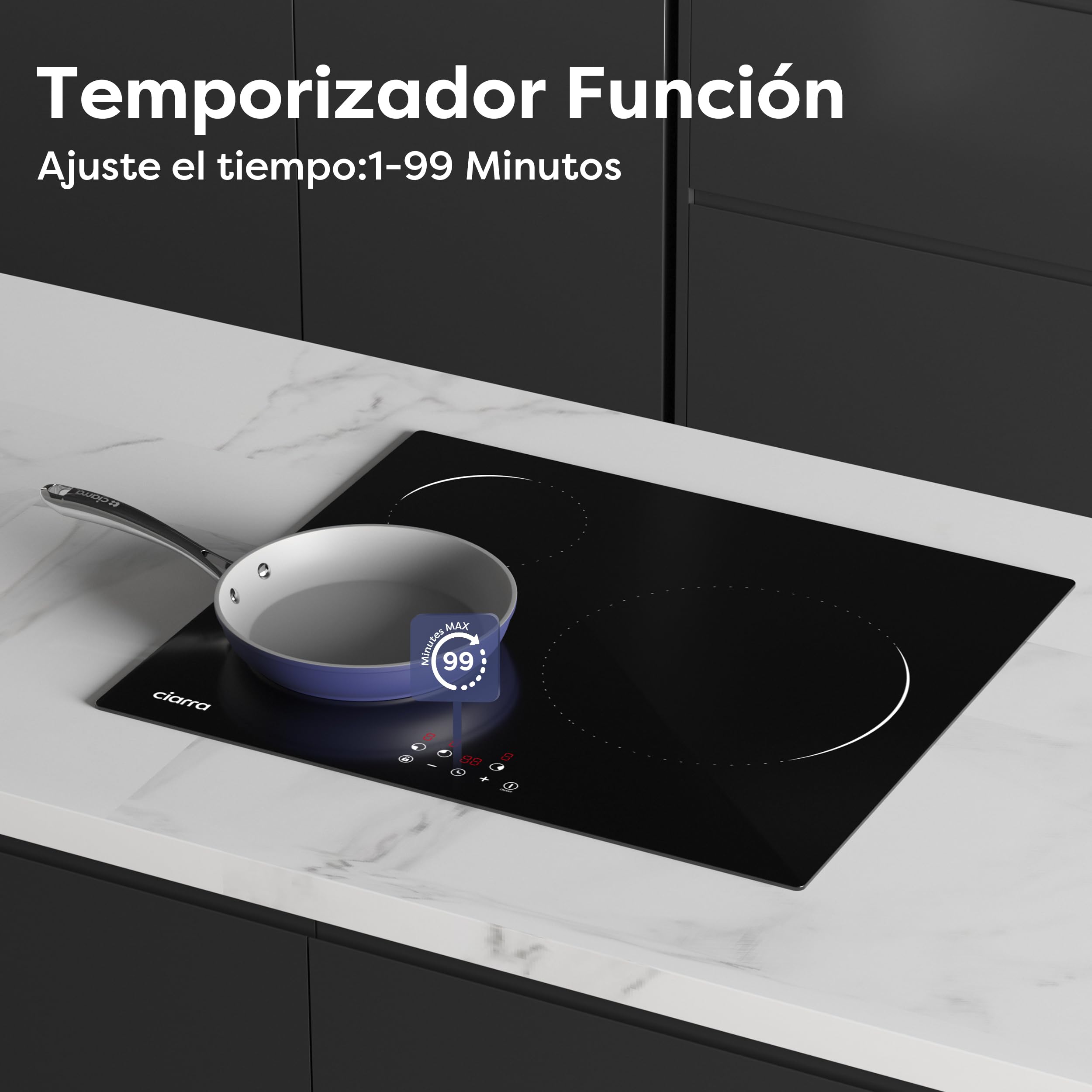 Ciarra CABBIH3-C Placa Induccion 3 Fuegos 60cm, Bloqueo Infantil | Limitador de potencia 2.8kW/3.5kW/5.6kW, Control táctil, 9 Niveles, Temporizador, Apagado Automático