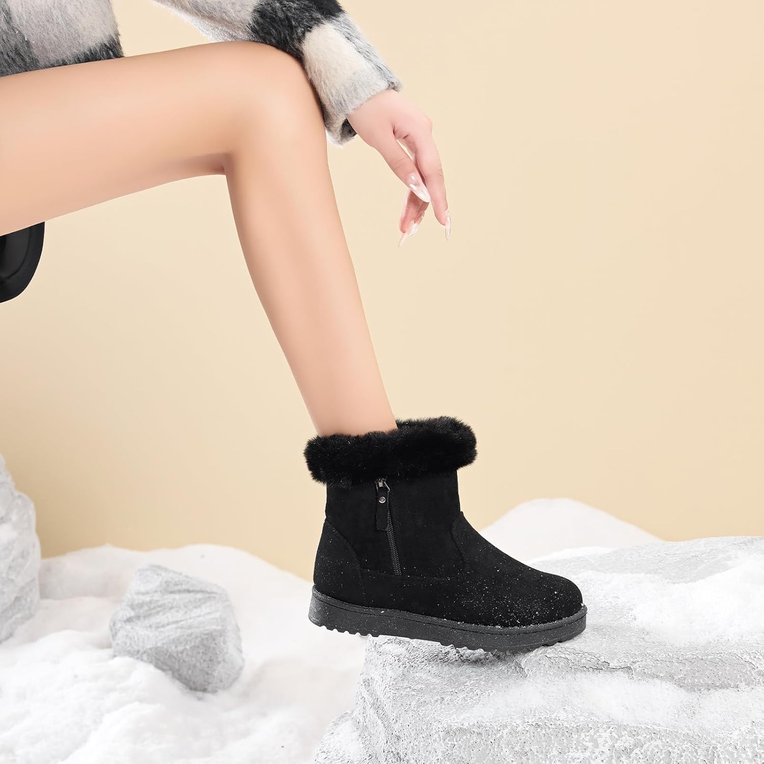 BENPAO Women's Winter Snow Boots - Fuzzy Mini Short Suede Ankle Booties with Zipper - Image 8