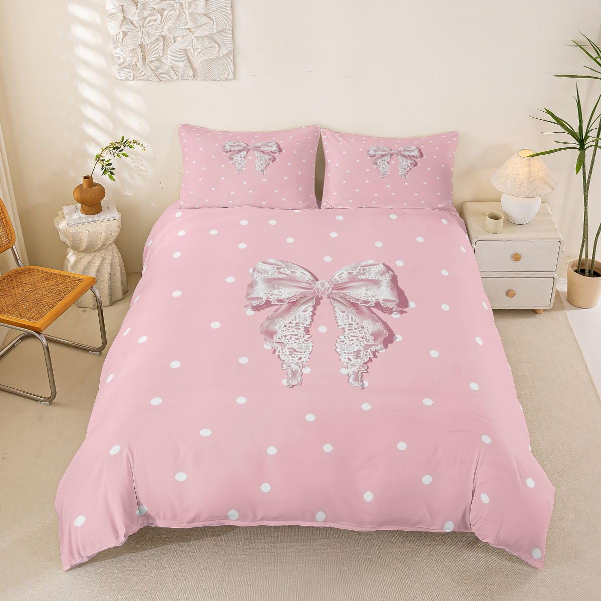 Homewish Y2K koronkowa kokarda podwójna pościel urocza kokarda poszewka na kołdrę zestaw preppy kropki poszewka na kołdrę słodka marzycielska księżniczka estetyczne zestawy łóżek