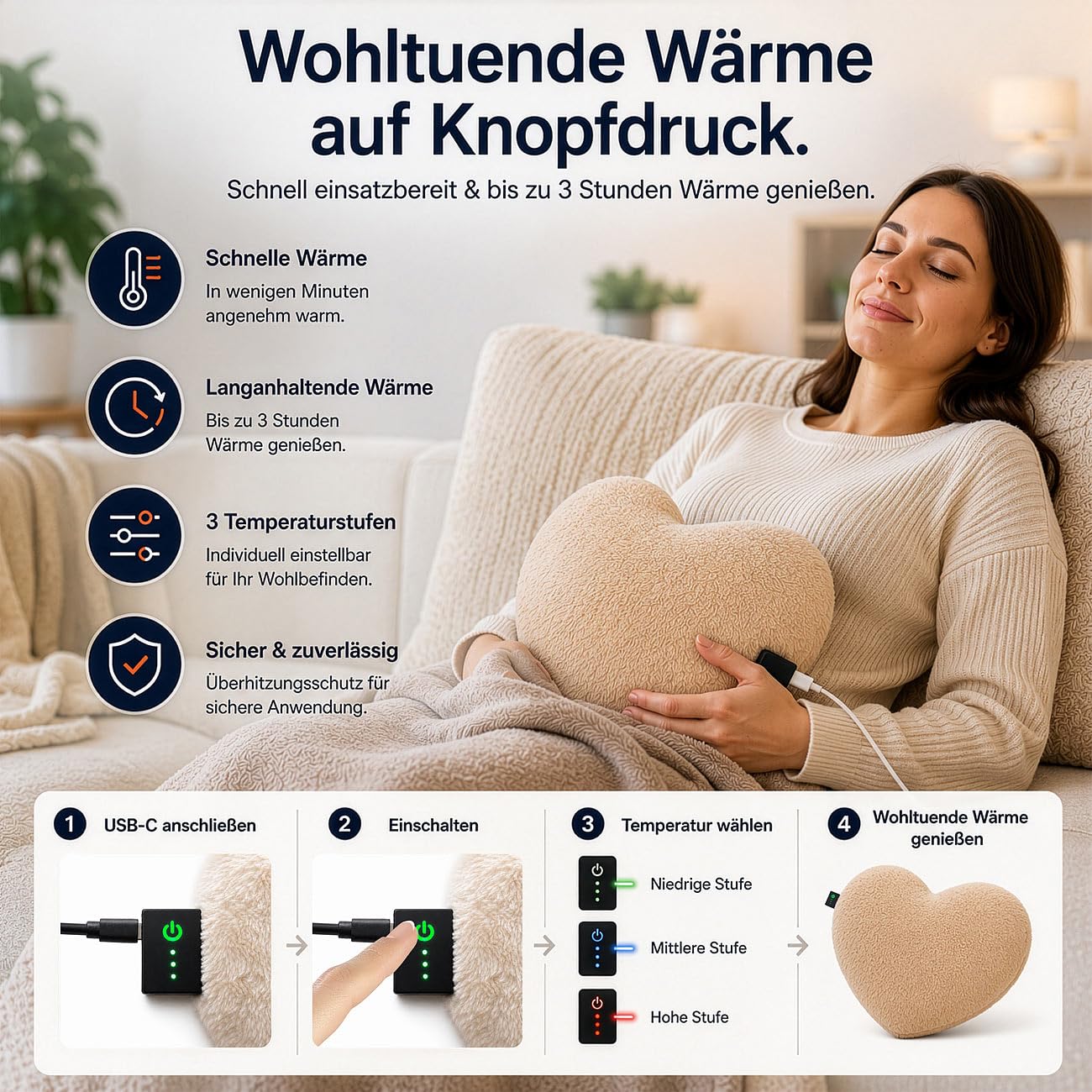 Wärmflasche mit USB: Elektrische Wärmflasche, Powerbank, 3 Stufen, Bezug, 40x30x12 cm, Herz (mit Abschaltautomatik, Elektrische Herzform)