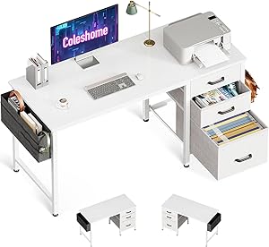 Lufeiya Scrivania Per Computer 145 Cm Con Cassetti In Tessuto – Ripiano Per Stampante E Schedario – Marrone, Per Ufficio E Camera Da Letto