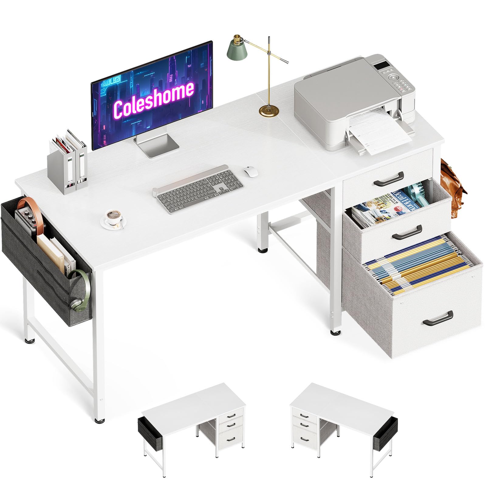 Coleshome Escritorio con 3 Cajones de Tela, Escritorio Espacioso con Soporte para Auriculares y Bolsa de Almacenaje, Escritorio de Ordenador Reversible para Oficina en Casa (Blanco, 120x48cm)