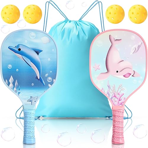 Paquete de 2 palas para niños con 4 bonitas bolas de agarre pequeño, ligeras raquetas de fibra de vidrio para niños de 4 a 11 años