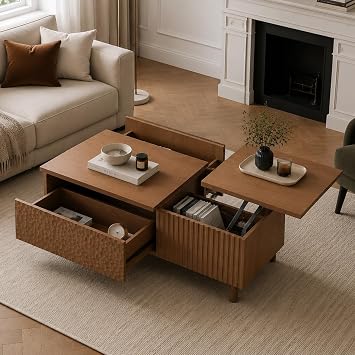 Modern Coffee Table with Storage, Wood Finish, Textured Panel Design, Mid-Century Style, Living Room Furniture (Walnut, 130 * 70 * 48cm)