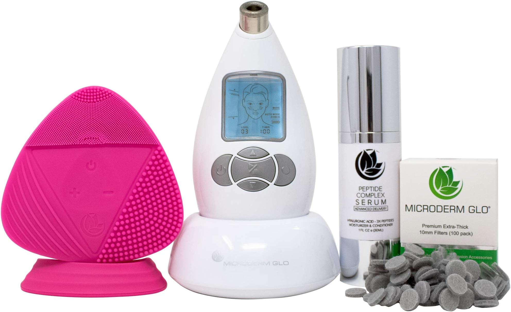 Advanced Skincare Bundle Includes Diamond Microdermabrasion System, 10mm Filters 100 pack, Peptide Complex Serum, Sonic Facial Cleansing Brush. Perfect Anti Aging Treatment Kit (White)