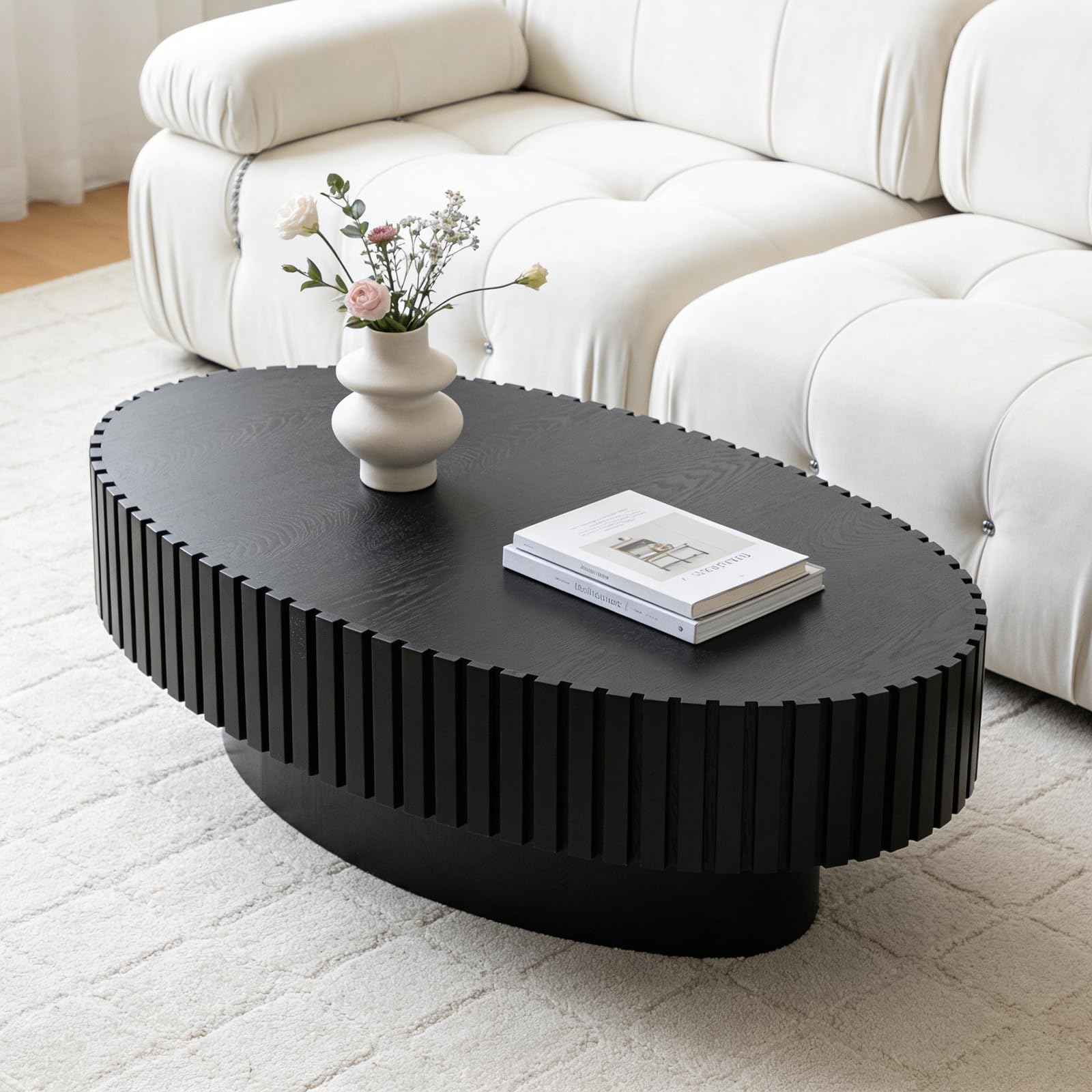 Table basse ovale salon bois cannelé noir table d'appoint