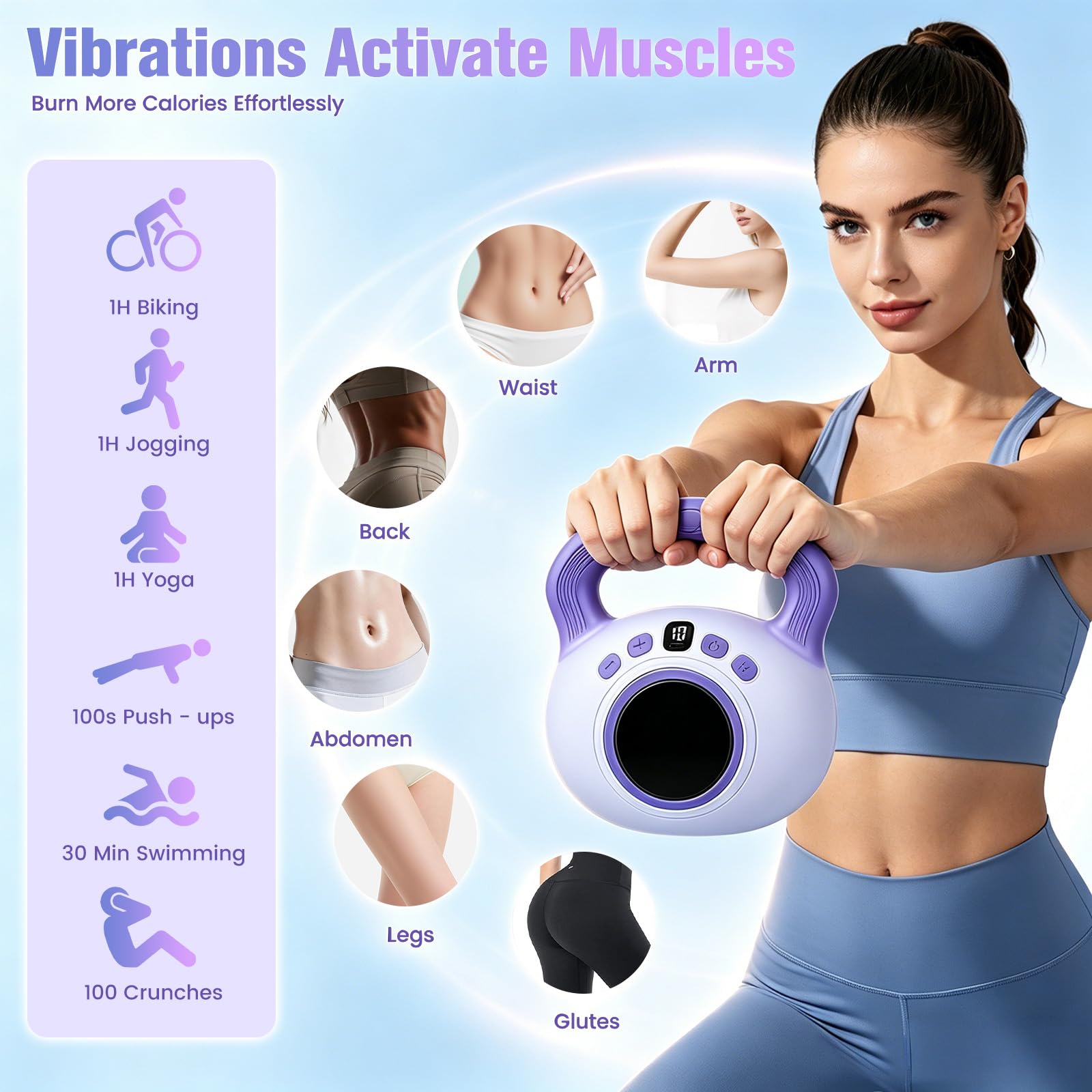 Kettlebell Vibrante Elettrica 9 in 1 da 1,4kg per Donna, 35 Livelli Regolabili con Display LCD, Brucia Grassi, Rimodellamento Corporeo, Drenaggio Linfatico e Miglioramento Circolazione