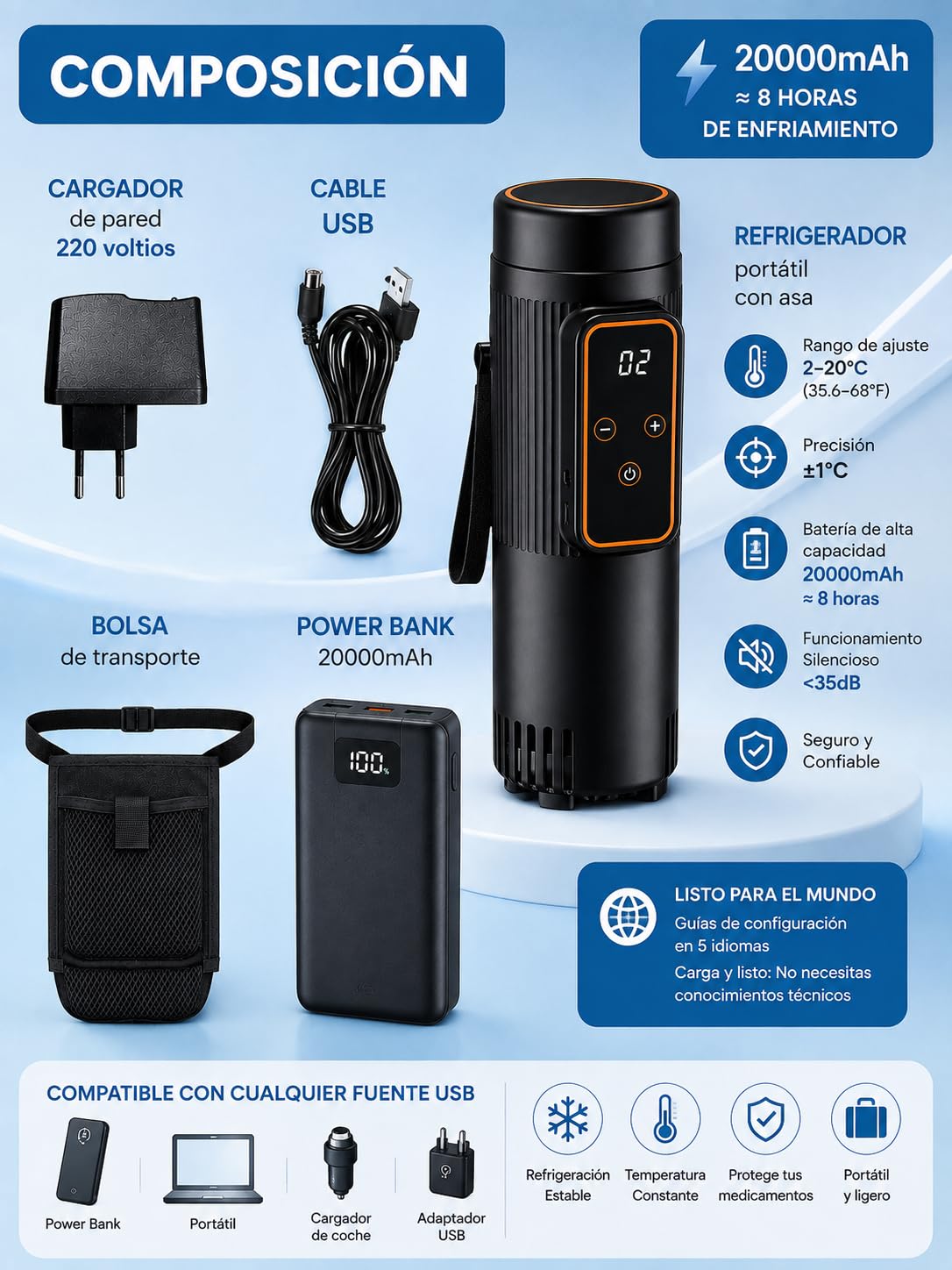 Estuche Refrigerador para Insulina USB, Nevera Portátil para Medicamentos