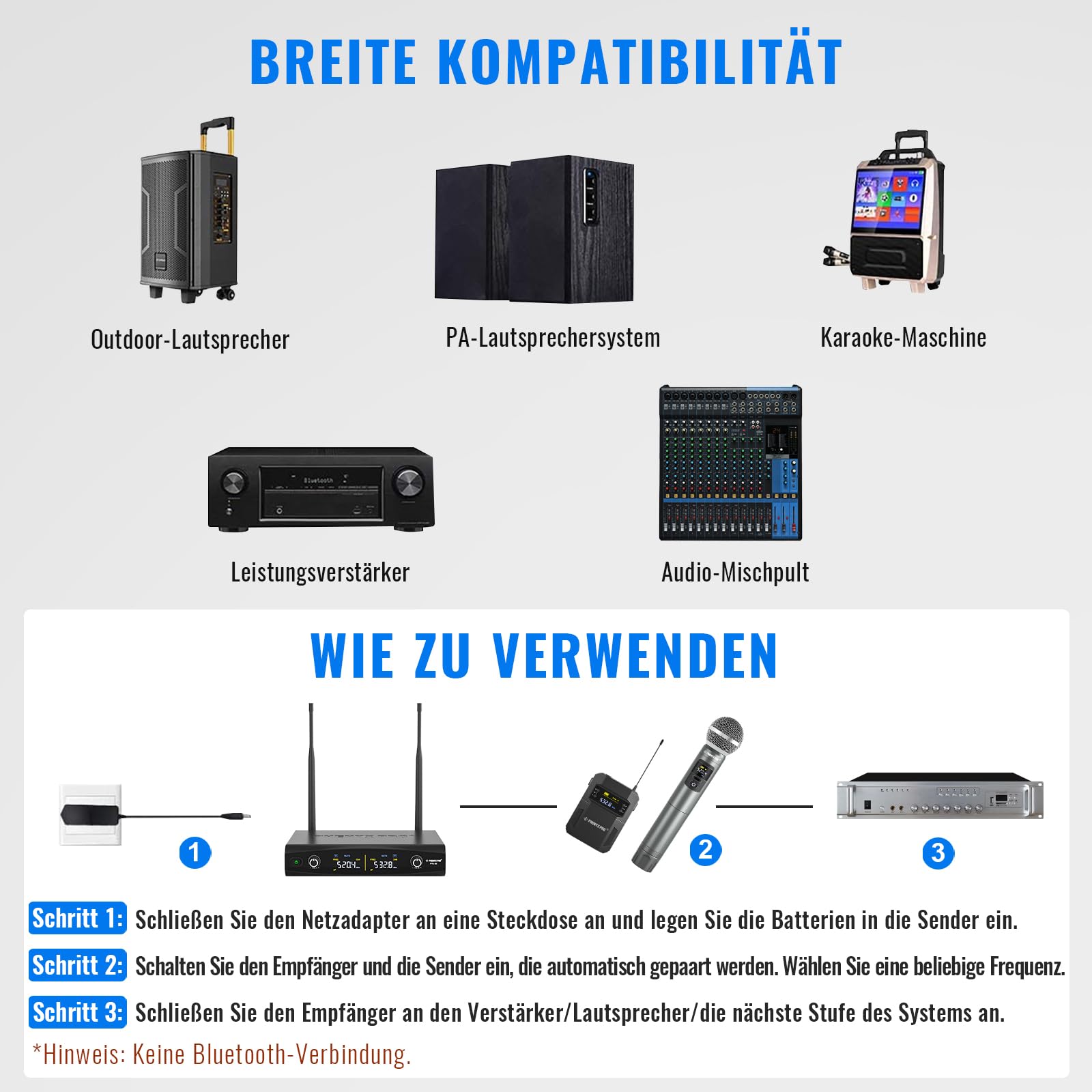 Phenyx Pro Kabelloses Mikrofon-Set mit Handmikrofon/Bodypack/Headset/Lavalier-Mikrofonen, 2x30 UHF-Frequenzen, ideal für Gesang, Karaoke, Kirche, DJ (PTU-52B)