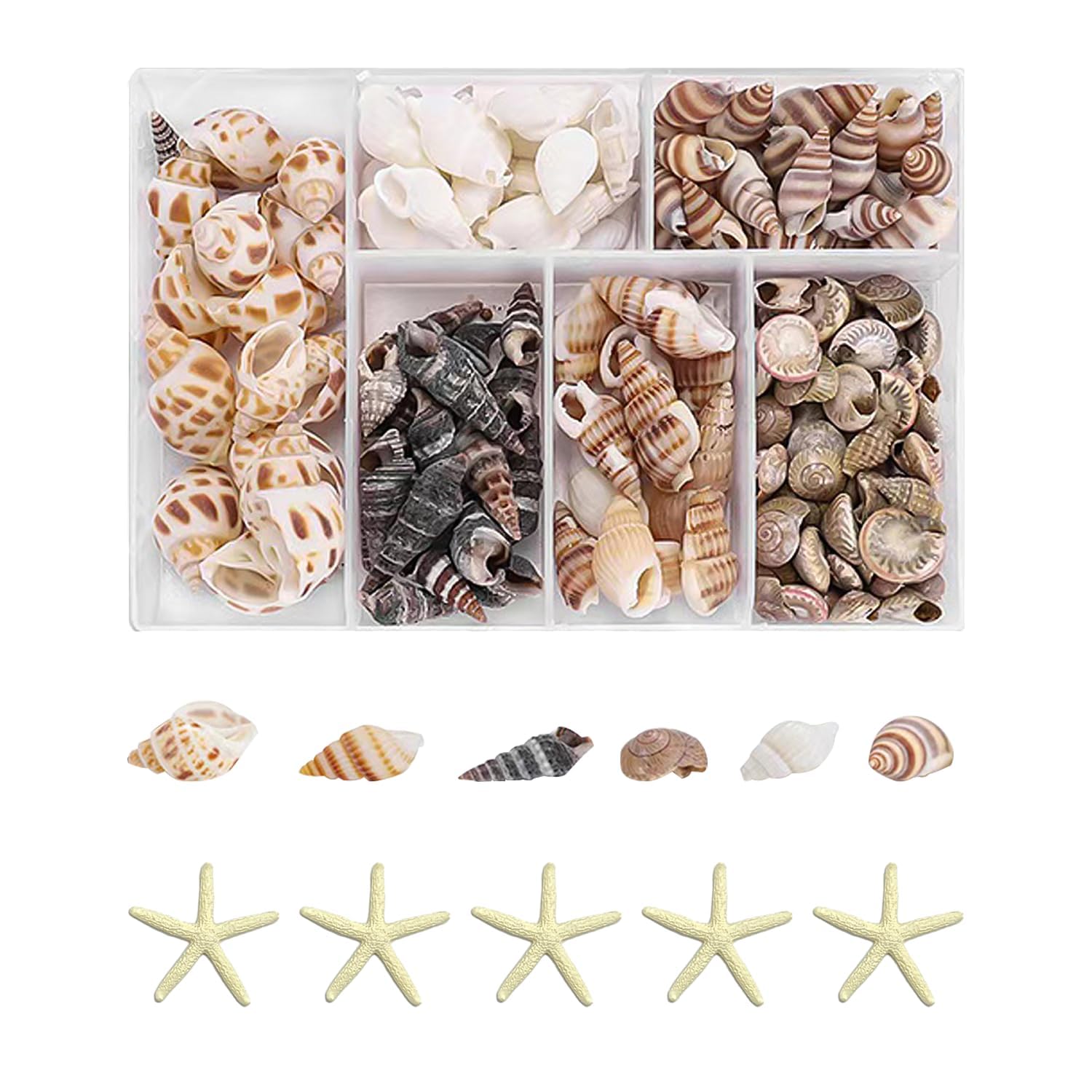 Azonee Seashell Decorations, 105 Spiral Shells & Starfish, Coastal Theme, Brown, White, Beige Resin & Shell, Fish Tank & Vase Fillers, DIY Crafts & Party Decorations