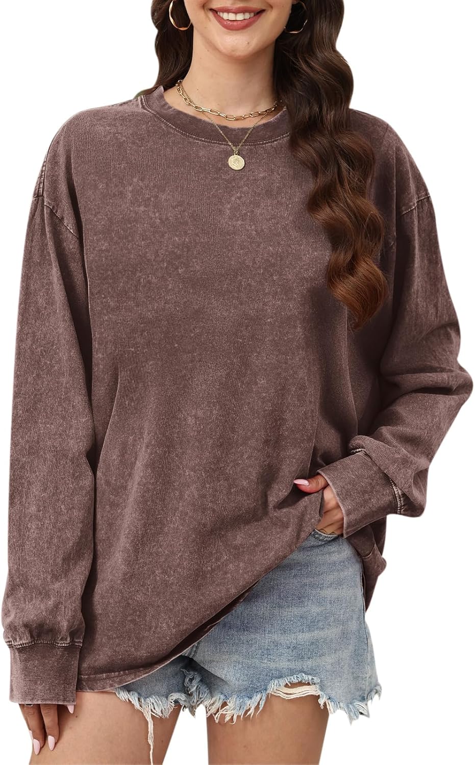 Oversized Long Sleeve Shirts for Women Acid Wash Tshirts Loose Fit Vintage Casual Basic Baggy Cozy Crewneck Tops