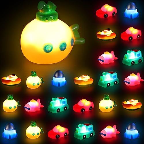 Miniatura 1 de 24 juguetes de baño iluminados, barco flotante de goma que cambia de color con luz en el agua, juguetes que brillan en la oscuridad, juguetes de