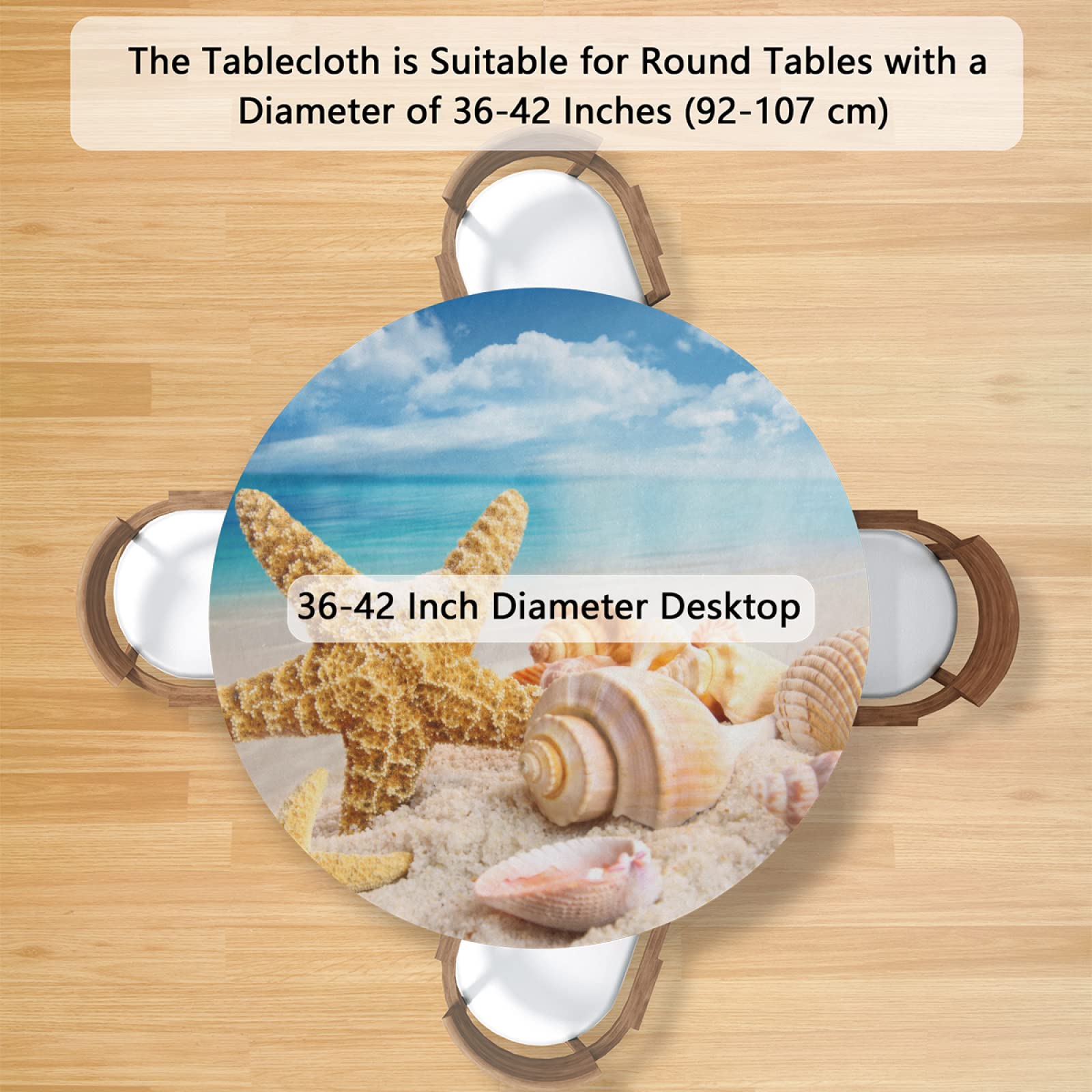 Round Fitted Tablecloth Beach Theme Starfish Circle Table Cover with Elastic Edge Waterproof Wipeable Polyester Small Table Cloths for Outdoor Picnic Party Patio Dining Fit for 36