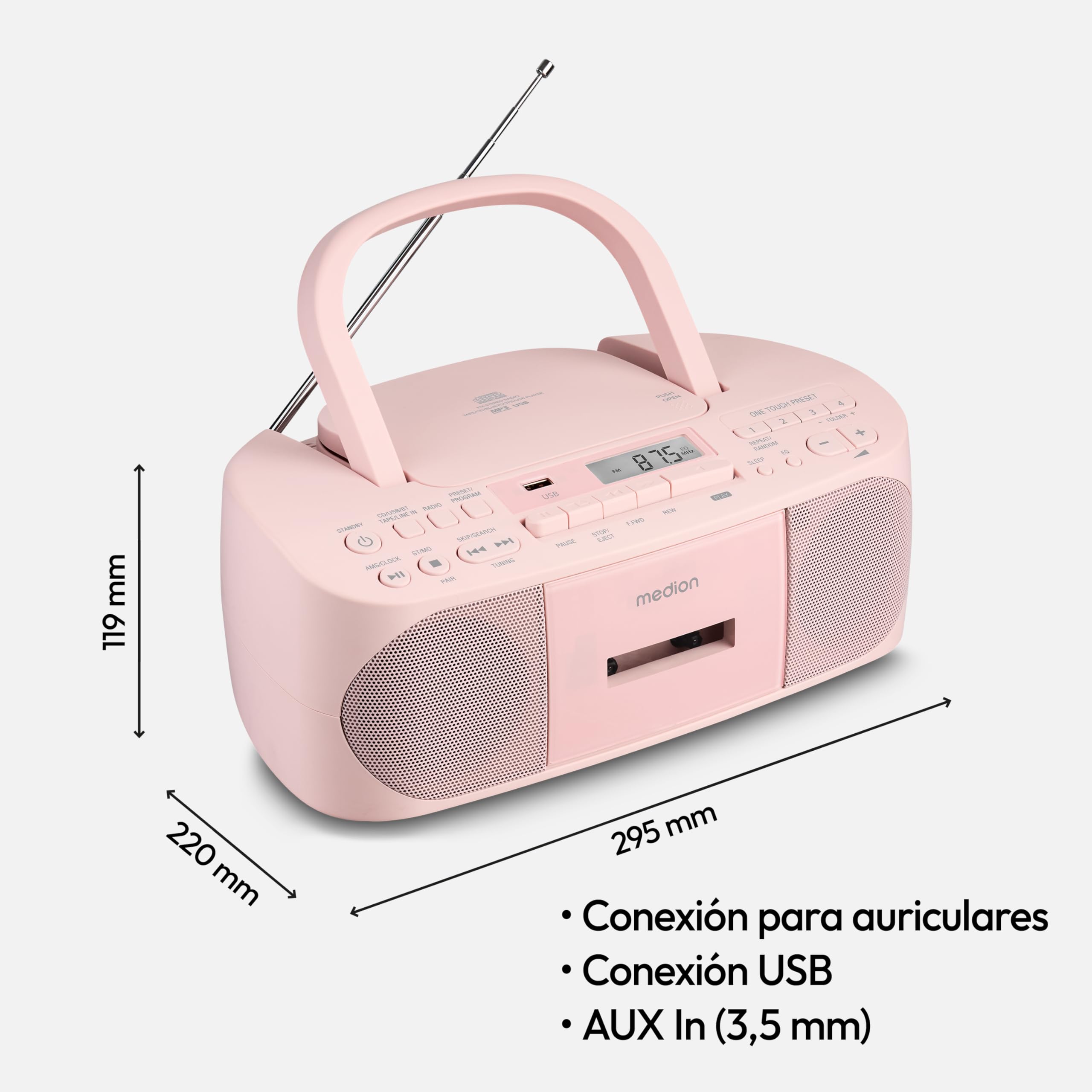 MEDION E65010 Radio estéreo (Reproductor de CD, Casete, conexión USB, Entrada de Audio AUX, reproducción MP3. Radio FM PLL, Memoria para 40 emisoras, Funcionamiento con Pilas, Mando a Distancia) Rosa