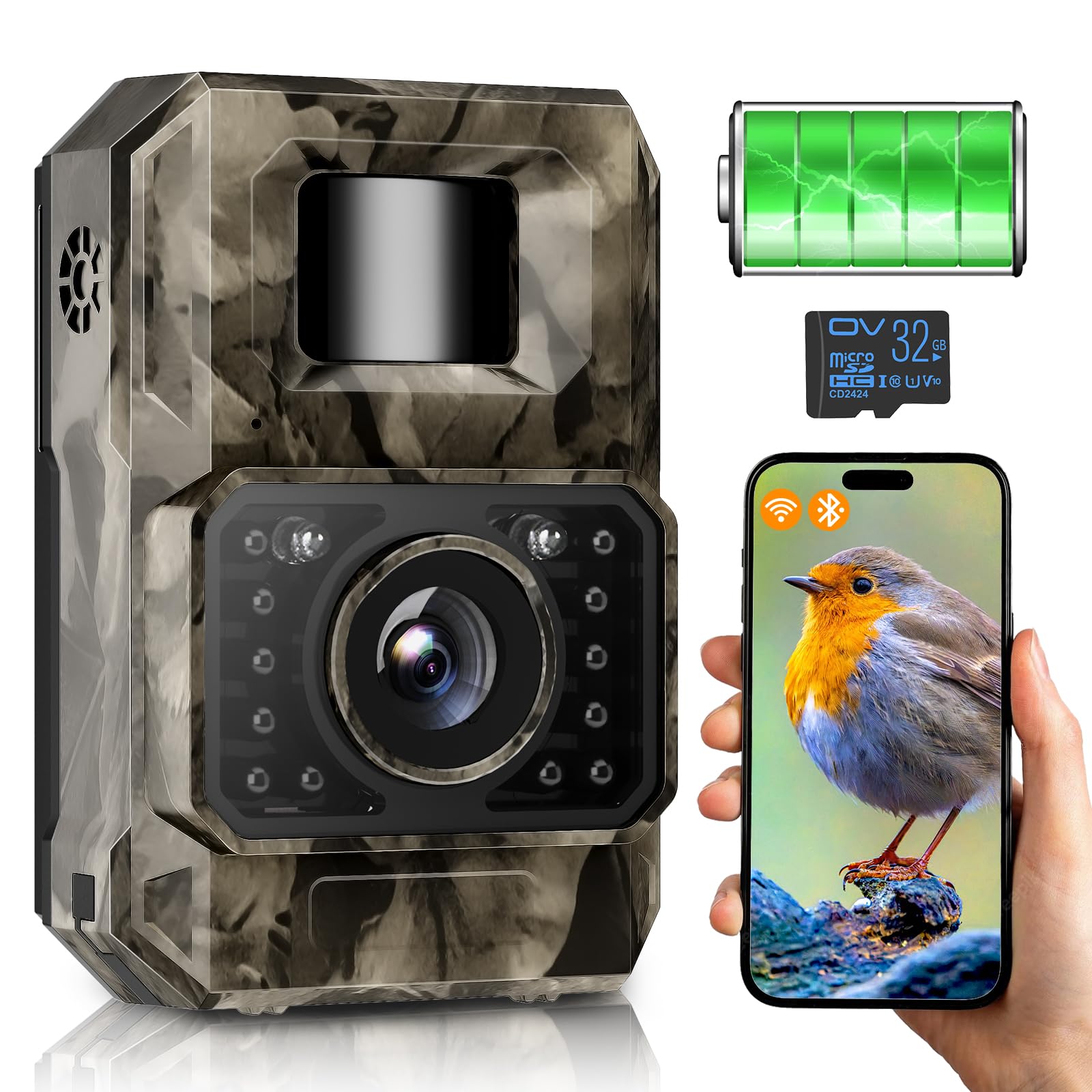 Wildlife Camera WiFi Bluetooth 48MP 30FPS Trail Camera with Night Vision Motion Activated, IP66 Waterproof, Built-in Battery Rechargeable Power Trail Cam for Outdoor Garden Wildlife Monitoring