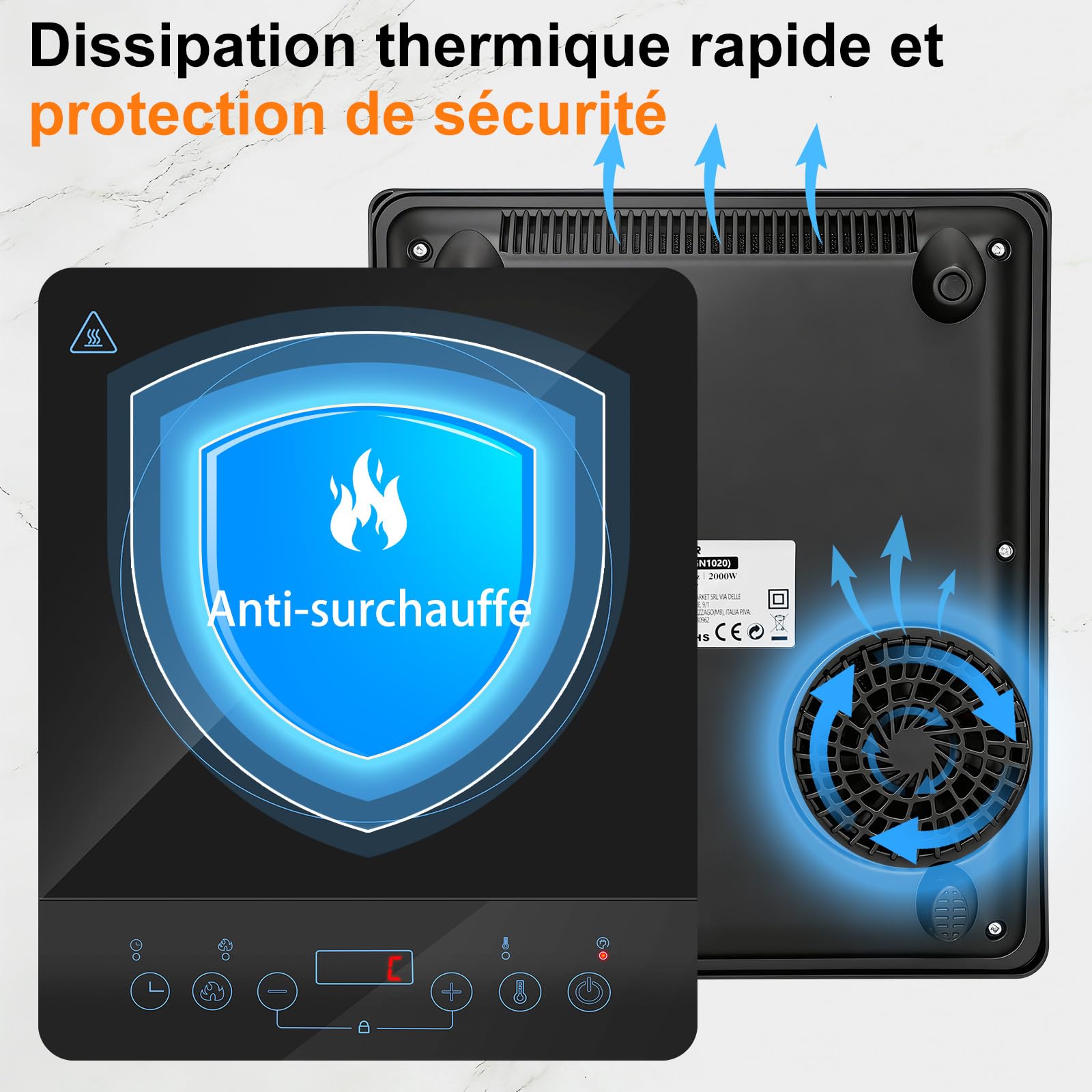 Aigostar Plaque à induction portable 2000W | Design Ultra-Mince + 10 Niveaux (60-240°C) | Minuterie 180 Min | Écran Tactile LED | Verrouillage Enfants et Protection Surchauffe Noir