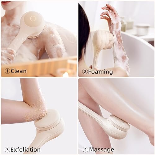 Miniatura 2 de Cepillo corporal eléctrico para ducha, limpiador de cuerpo largo impermeable de doble mango con 3 cabezales, cepillo de baño recargable y 2