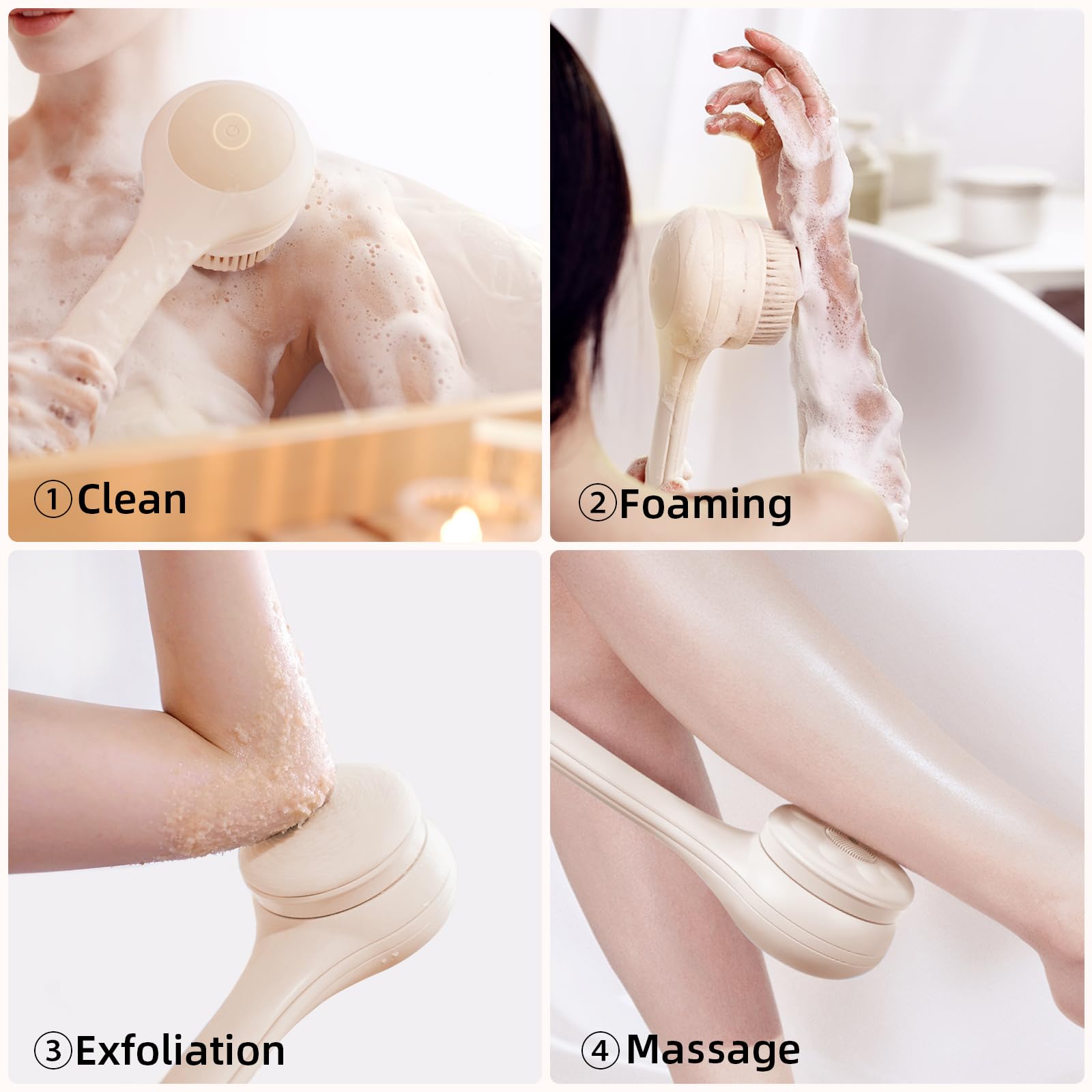 Elektrische Rückenbürste, Rückenbürste Gentle Exfoliating, Aufladung Langstielige Duschbürste, Rücken Eincremehilfe für Women Men Senioren, Deep Cleansing for All Skin Types, Good Foam - Rosa