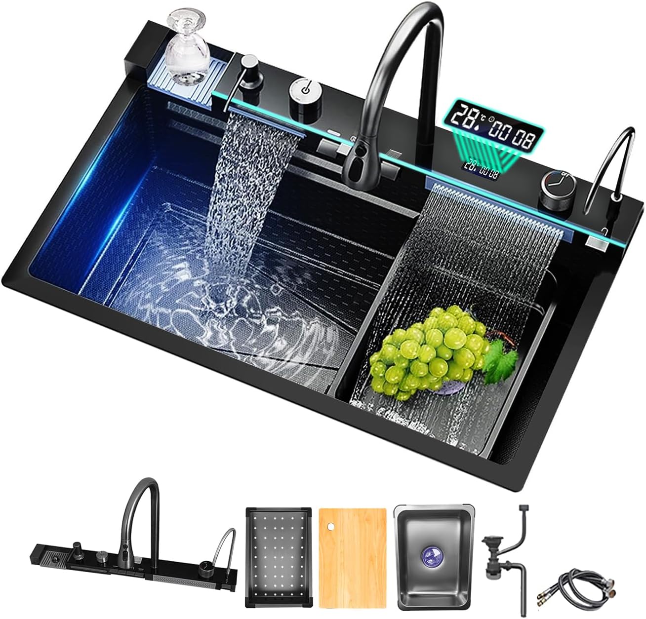 Sinks Undermount or Countertop Single Bowl Stainless Steel Kitchen Sink with Drain basket, cutting board, vegetable sink, multi-function pull-out faucet set (Black, 33.4x18x9 Inch)