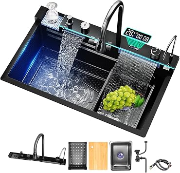 Sinks Undermount or Countertop Single Bowl Stainless Steel Kitchen Sink with Drain basket, cutting board, vegetable sink, multi-function pull-out faucet set Black, 33.4x18x9 Inch