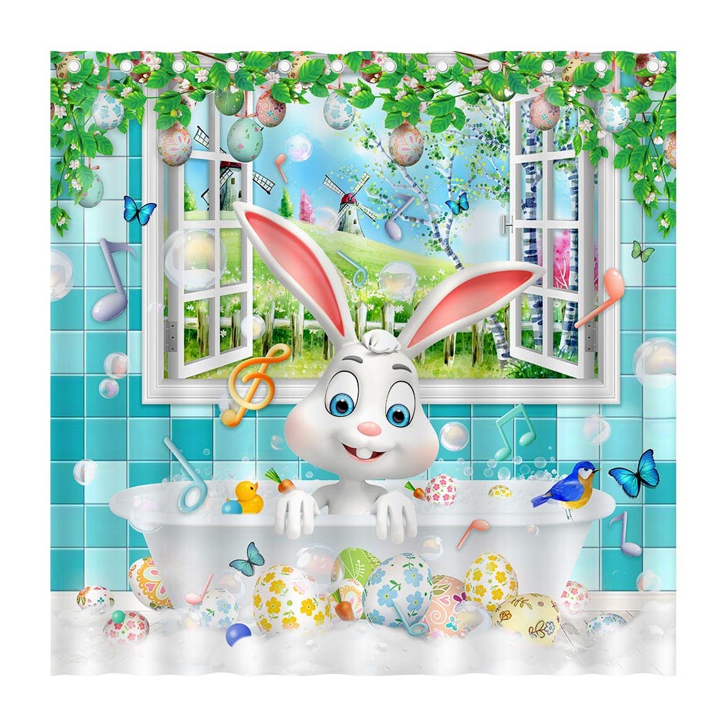 Bunny Easter Shower Curtain Cute Rabbit Shower Cartoon Shower Curtain for Bathroom Spring Colorful Easter Eggs Bathroom Decor for Kids with 12 Hooks Waterproof Fabric 72" x 72"
