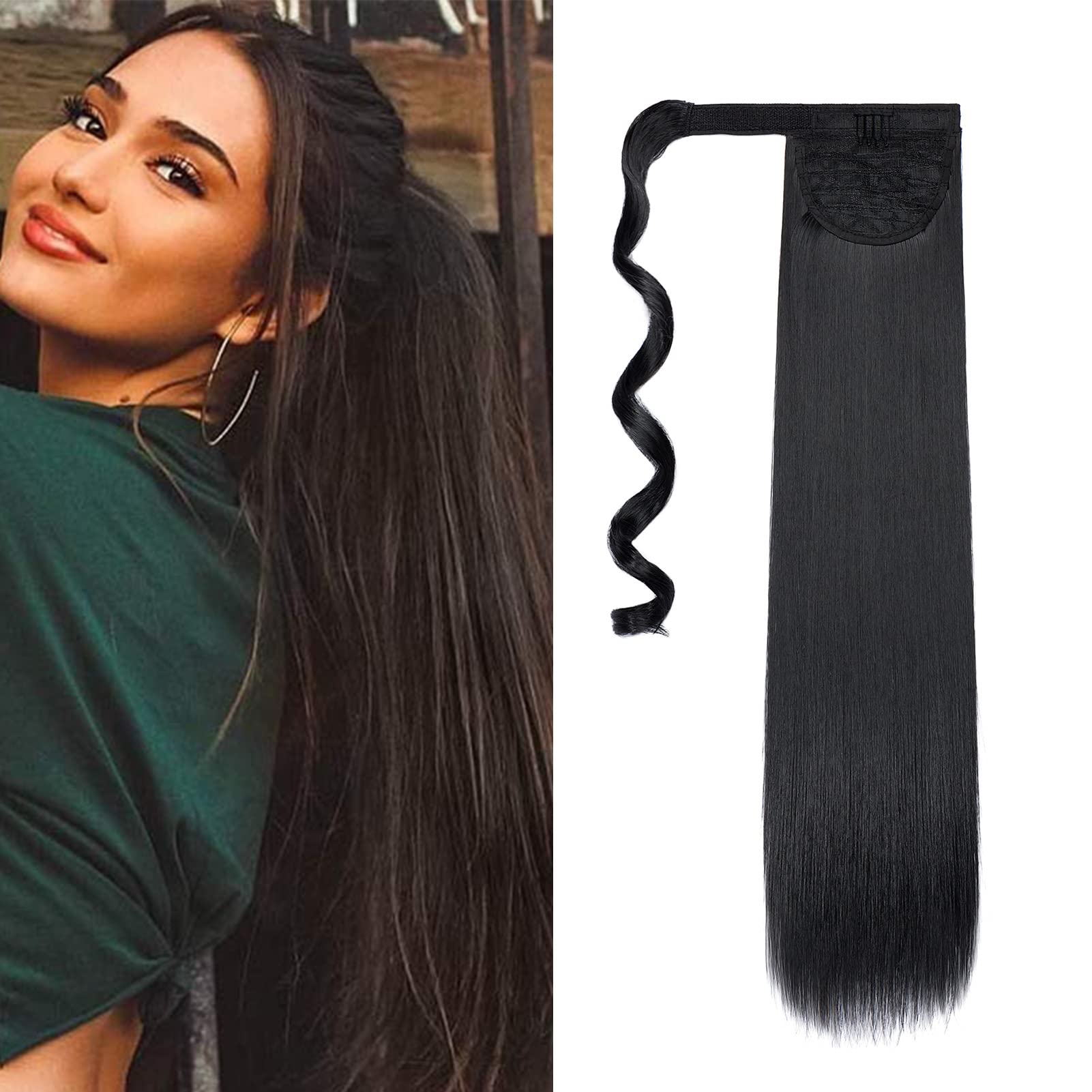 Cybelleza Straight Ponytail Extension Long Wrap Around Ponytails 22 inch Clip in Hair Extensions Hairpiece Synthetic for Women 105g