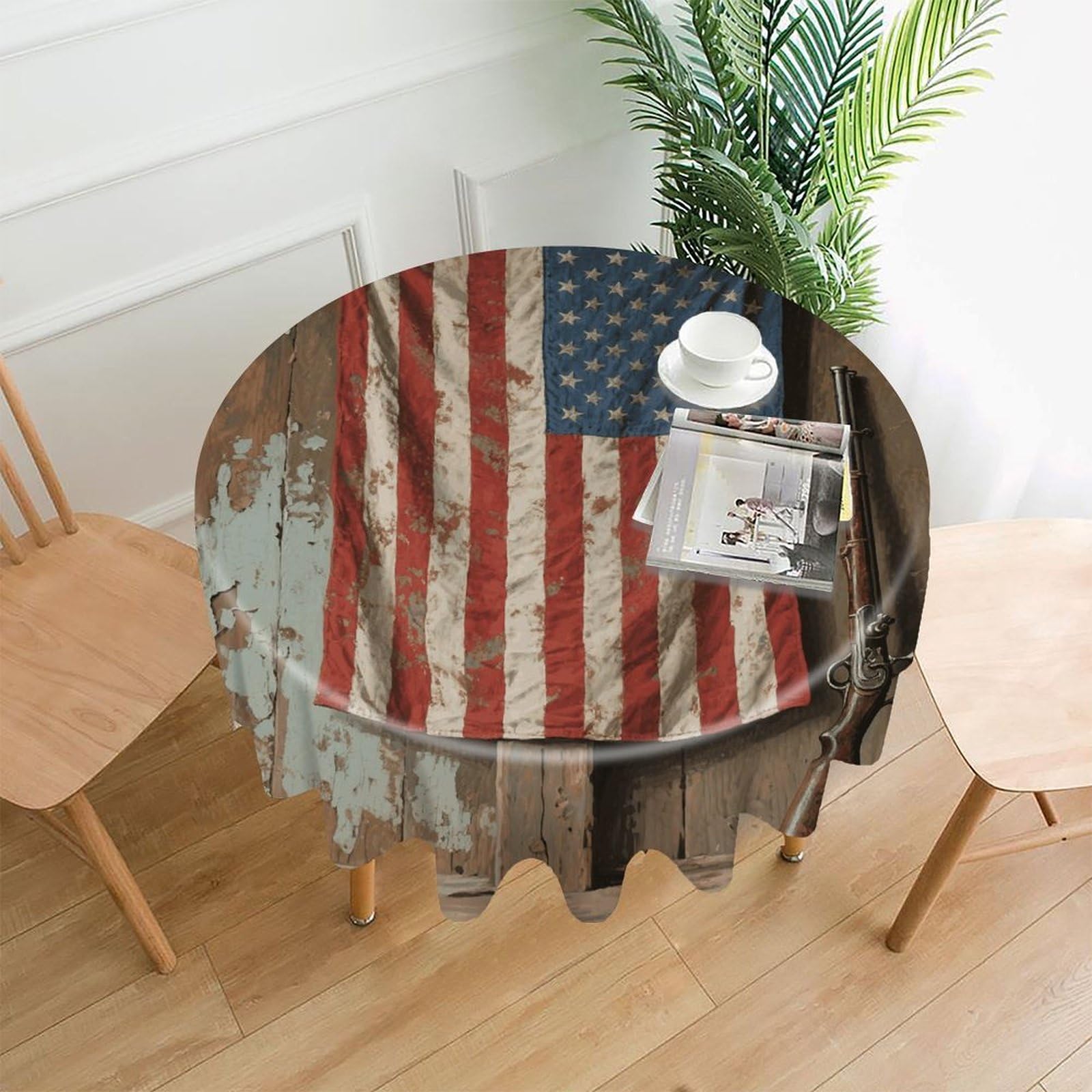 VstaDank Rustic American Flag Tablecloth Easy to Clean Polyester Round Table Cover Washable Round Table Cloth Wrinkle-Free Circle Decoration Tablecloth for Kitchen Dining Room 60"