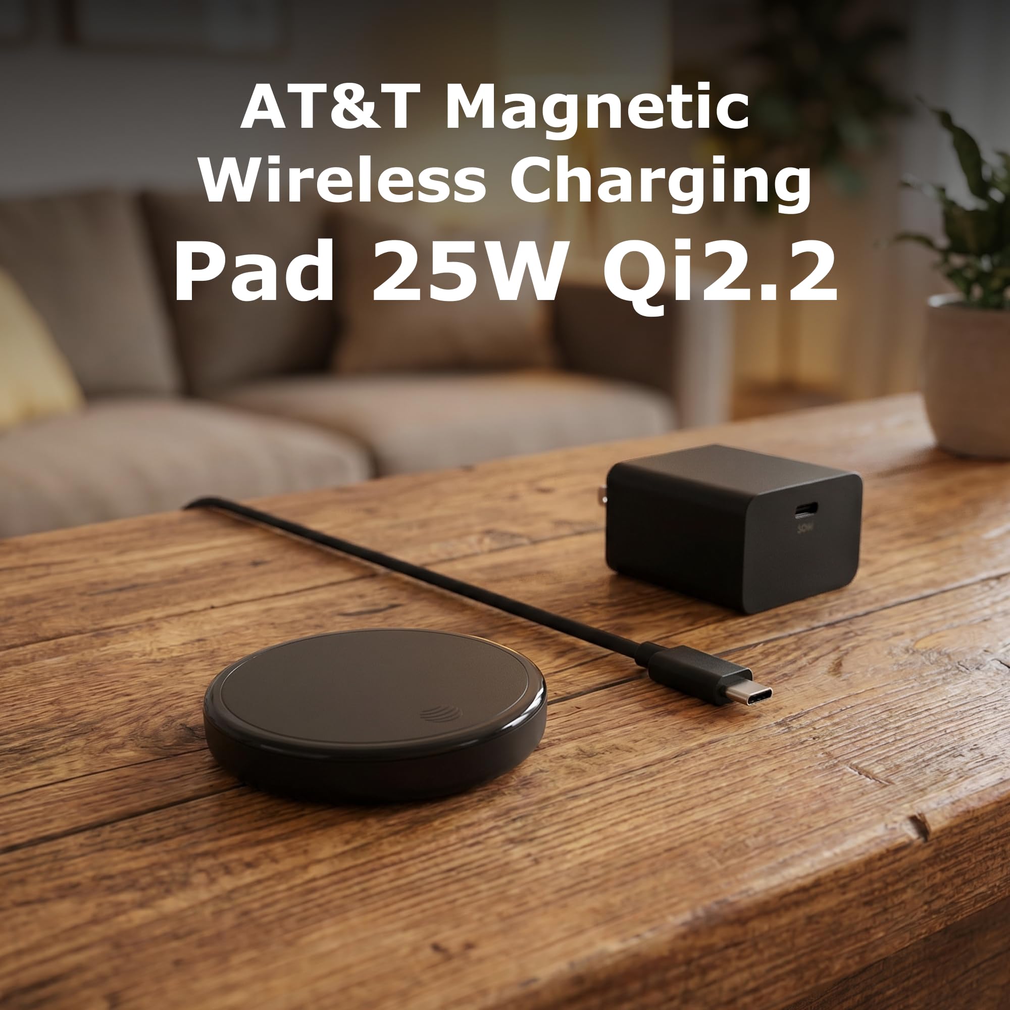 AT&T 25W Qi2 2 Pad di ricarica wireless magnetico costruito in cavo USB C | Rilevamento di oggetti estranei, allineamento magnetico, design compatto sottile, telefoni compatibili, comodino da scrivania