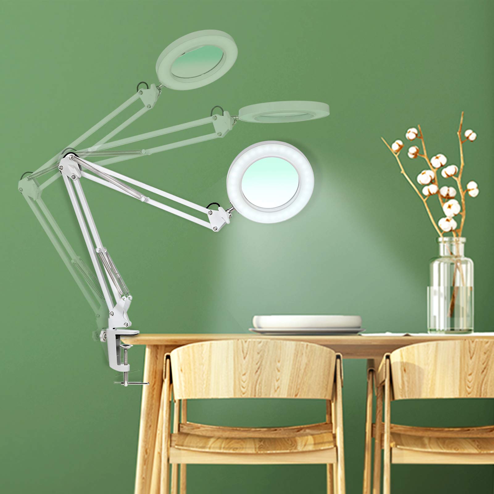 Neoglint Lámpara de mesa,Lámpara de aumento LED 8X con Luz,Lámparas de lupa 2 en 1 con 10 Ajustes Bright,Lupa con brazo giratorio ajustable y abrazadera iluminadas alimentada por USB (Blanco)