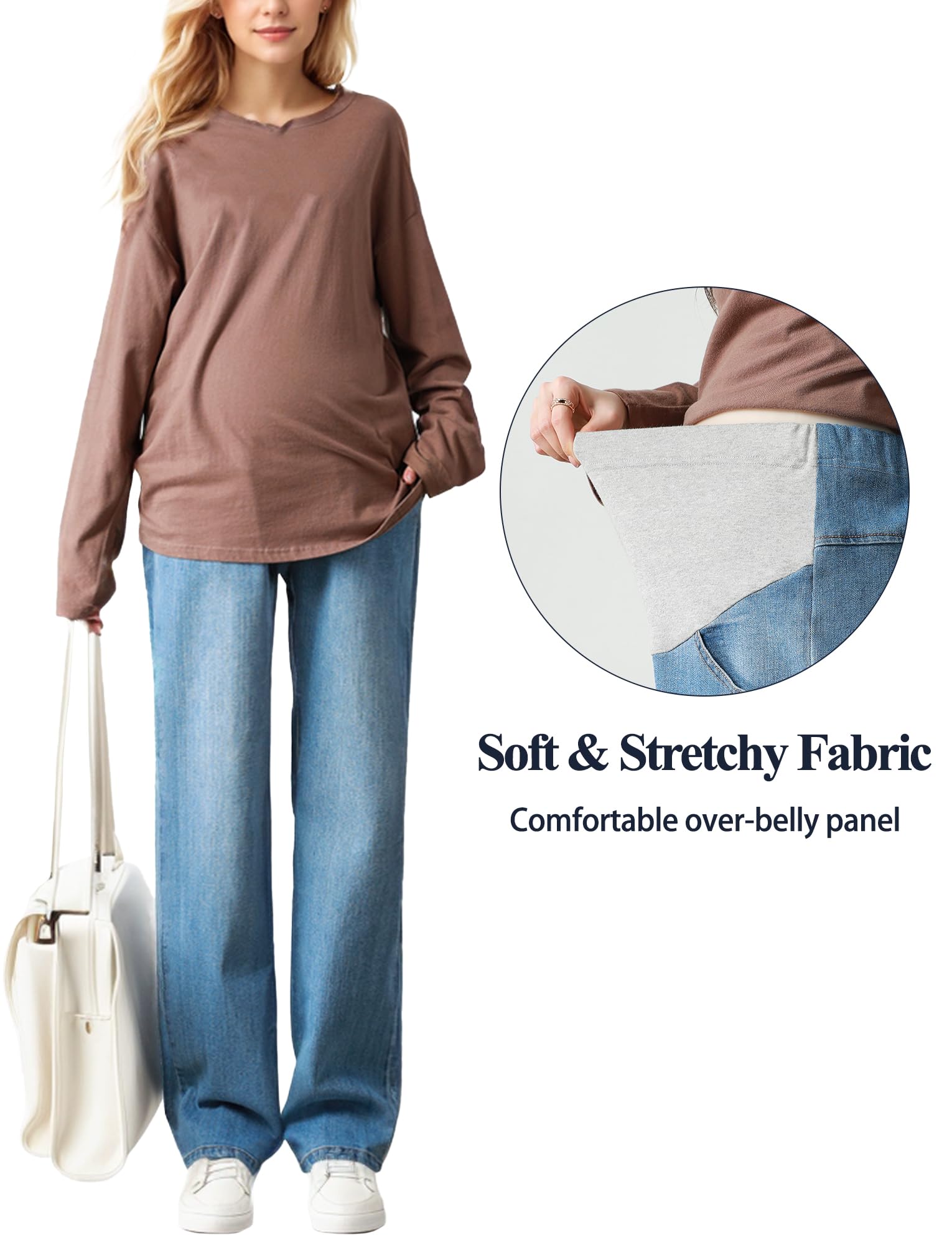 FEOYA Umstandsjeans mit Bauchband Damen Schwanger Jeanshosen Wide Leg Schwangerschaftsjeans Stretch