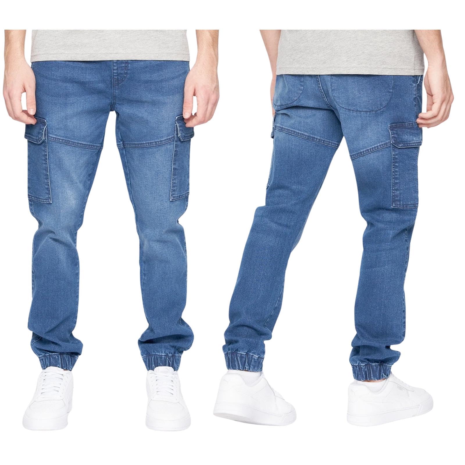 Crosshatch Mens Cargo Stretch Denim Jeans Casual Work Heavy Duty Pants in Straight Leg or Cuffed by Jeanbase Stonewash - Cuffed 32W X 34L