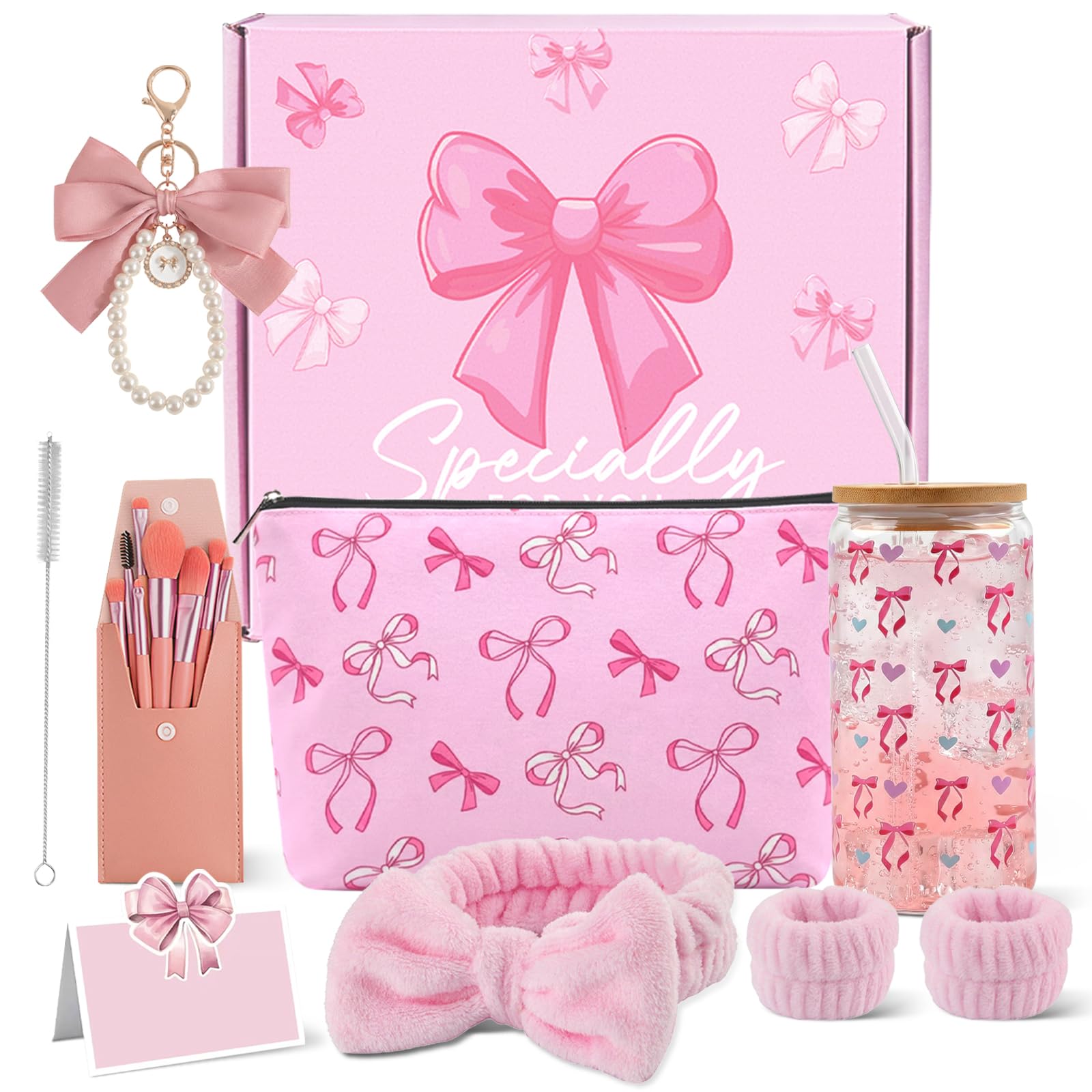 Cadeaux pour Filles de 9 10 11 12 13 14 15 16 Ans,Coffret Cadeau Femme,Anniversaire Fille Trousse, Verre, Pinceaux Maquillage Bandeau, Carte